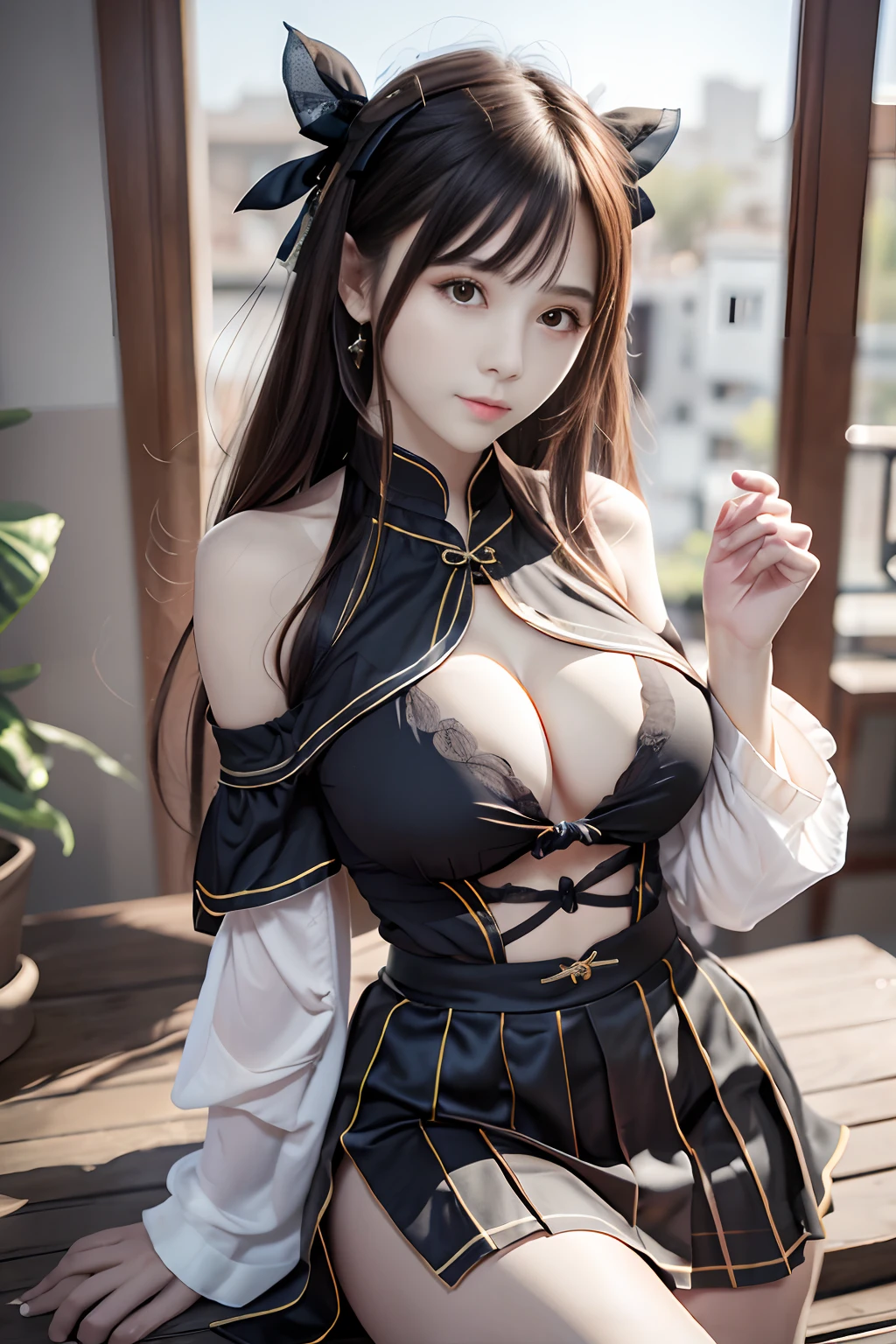 best qualtiy,tmasterpiece,超高分辨率,(realisticlying:1.4),1girll,Black hip wrapped skirt shoulders,cabelos preto e longos, enchanting,looking at the camera in,