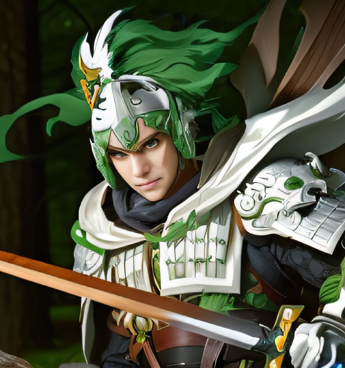 Man in white armor with a sword、in woods