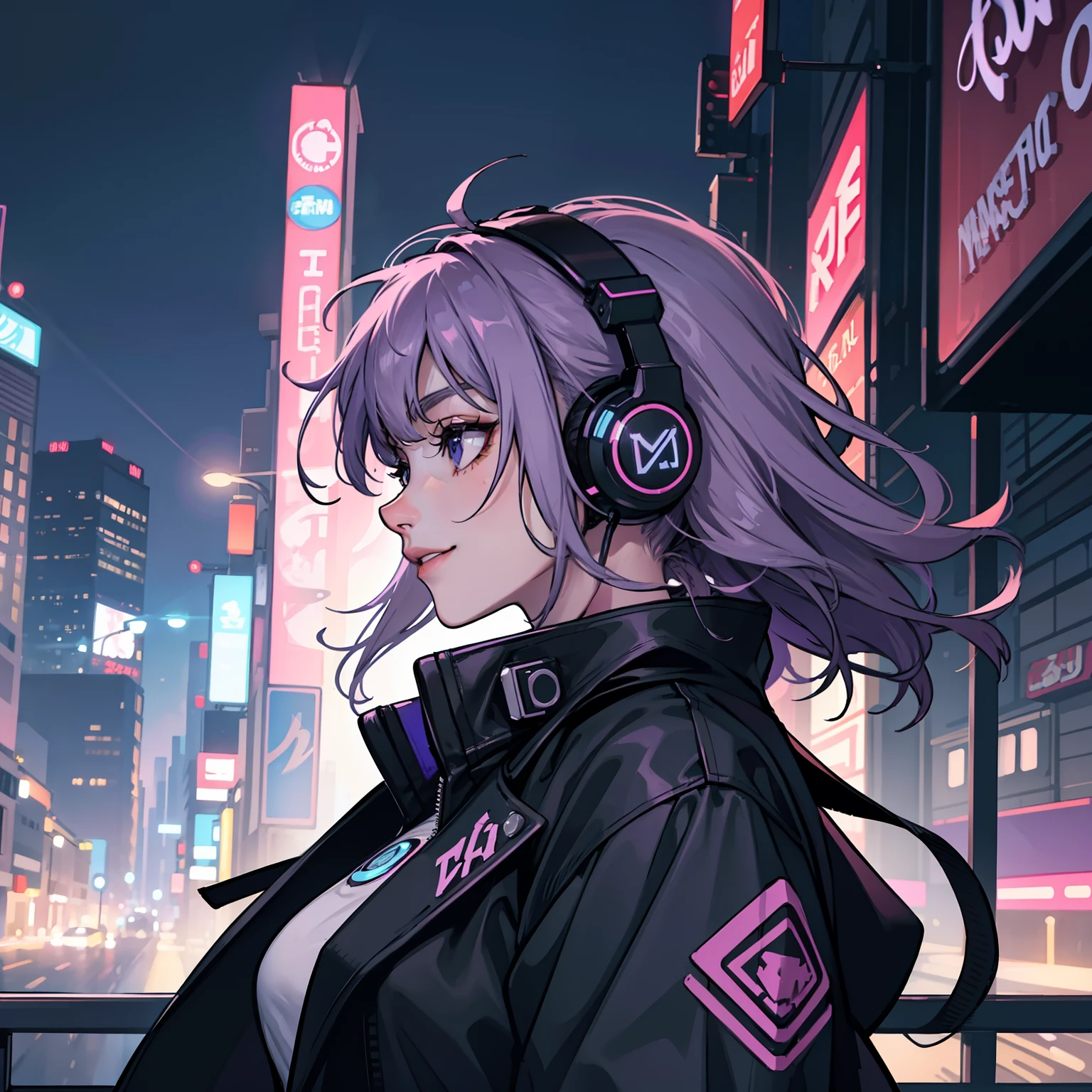 masterpiece, top quality, best quality, extreme detailed, highest detailed, official art, beautiful and aesthetic:1.2), colorful, beautiful face, solo, perfect body, 1girl, seductive, smiling, long purple grey hair curl, with headphones listening to music, lofi study, portrait, profile picture, night, cyberpunk, lofi portrait, digital illustration, concept art, in a city at night with neon lights and buildings in the background, in the Sci-fi City at night, beautiful and aesthetic