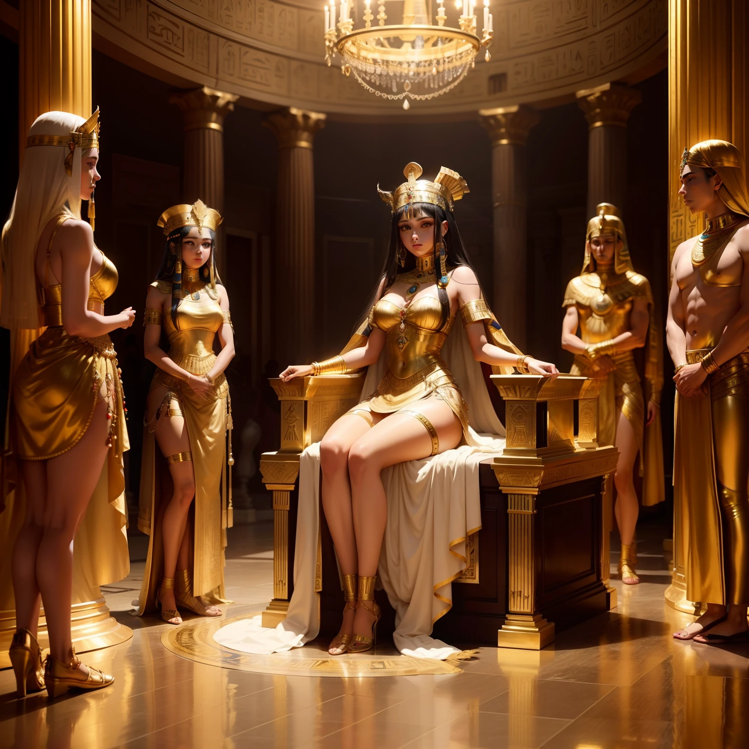 Wide angle of servants around Cleopatra sitting on the royal golden throne in interior hall of an enchanting ancient Egyptian pallace, adorned in an exquisite and chaste dress, surrounded by a loyal entourage men, emitting an alluring and magical aura, high quality, high detailed faces." High detailed faces