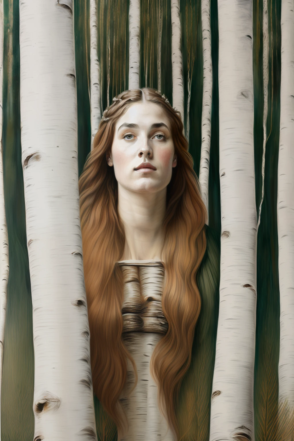 (((Painting of Pre-Raphaelite woman made of white birch trunk, tree-woman, cabelo de folhas amarelas, Mata dos Vidoeiros, tonalidade  outonal. Eye and eyebrows on birch trunk,  "eyes and eyebrows on birch trunk")))