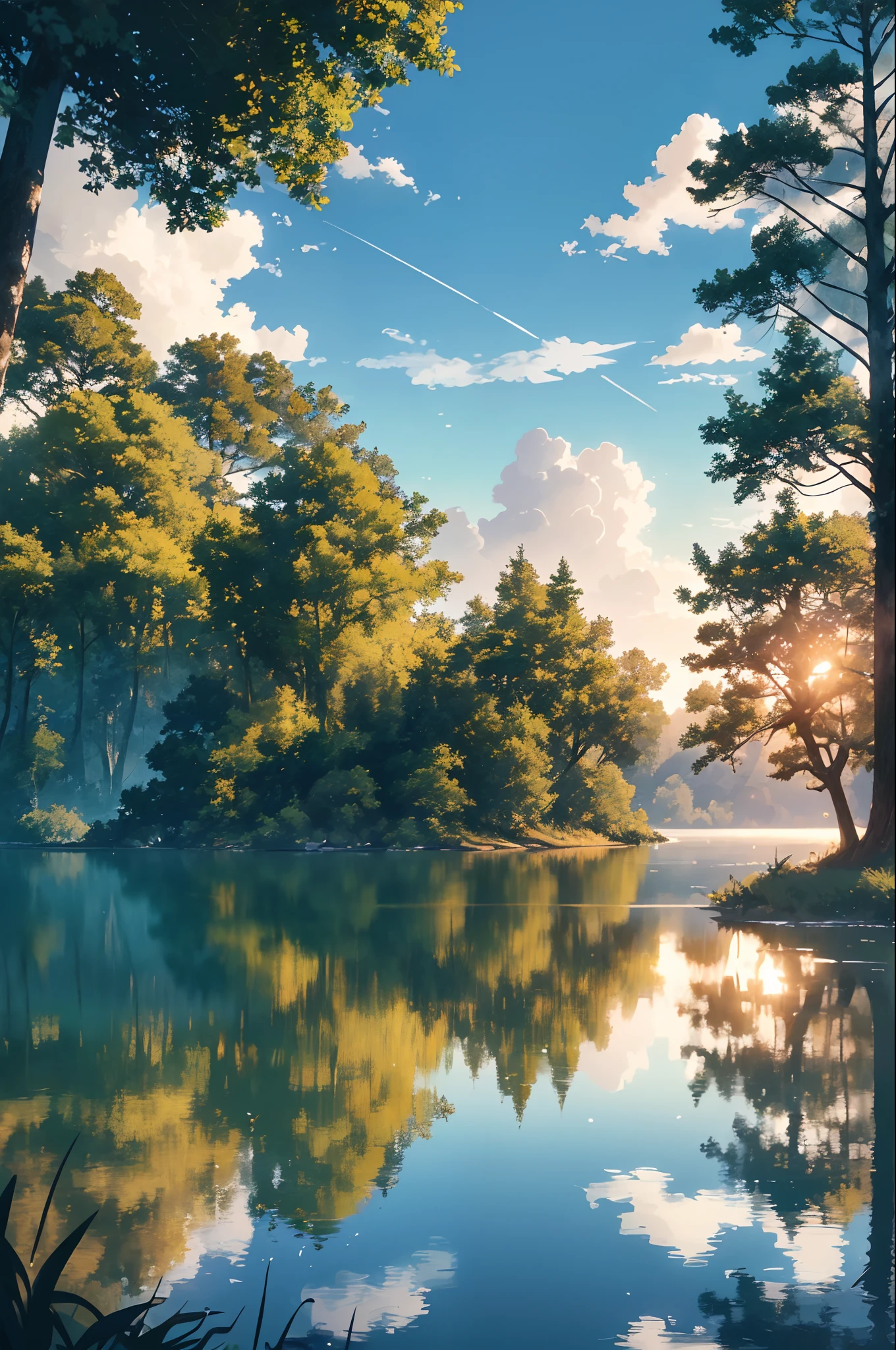 a stunning summer landscape with crystal clear lake, towering trees, beautiful sunrise, soft lighting and depth of field, cinematic masterpiece, ultra-detailed elements, realistic clouds and reflections in the water, ray tracing technology, truly breathtaking image