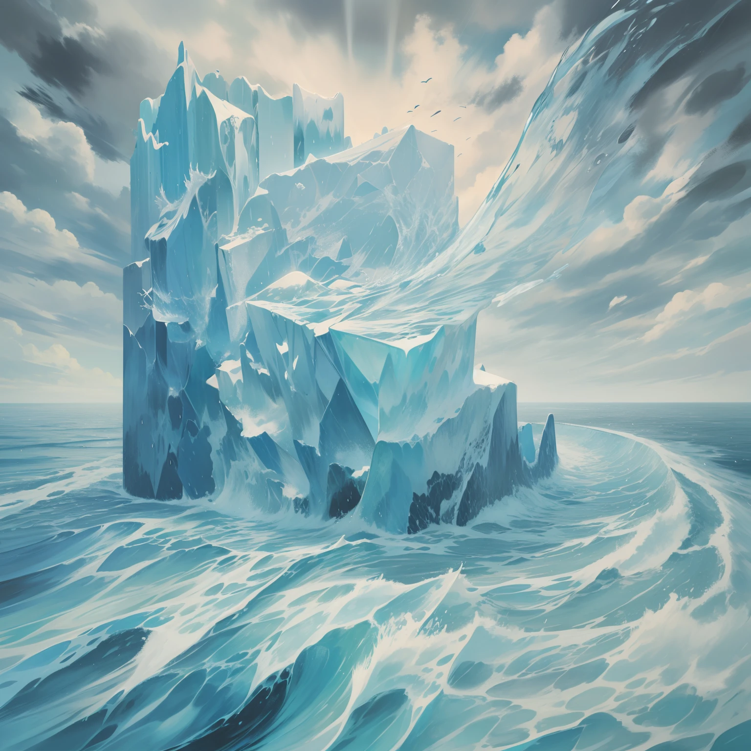 A huge block of ice in the sky, Waves in the shape of wings, Rain like waves from the sky, Abstract Painting Exhibition,