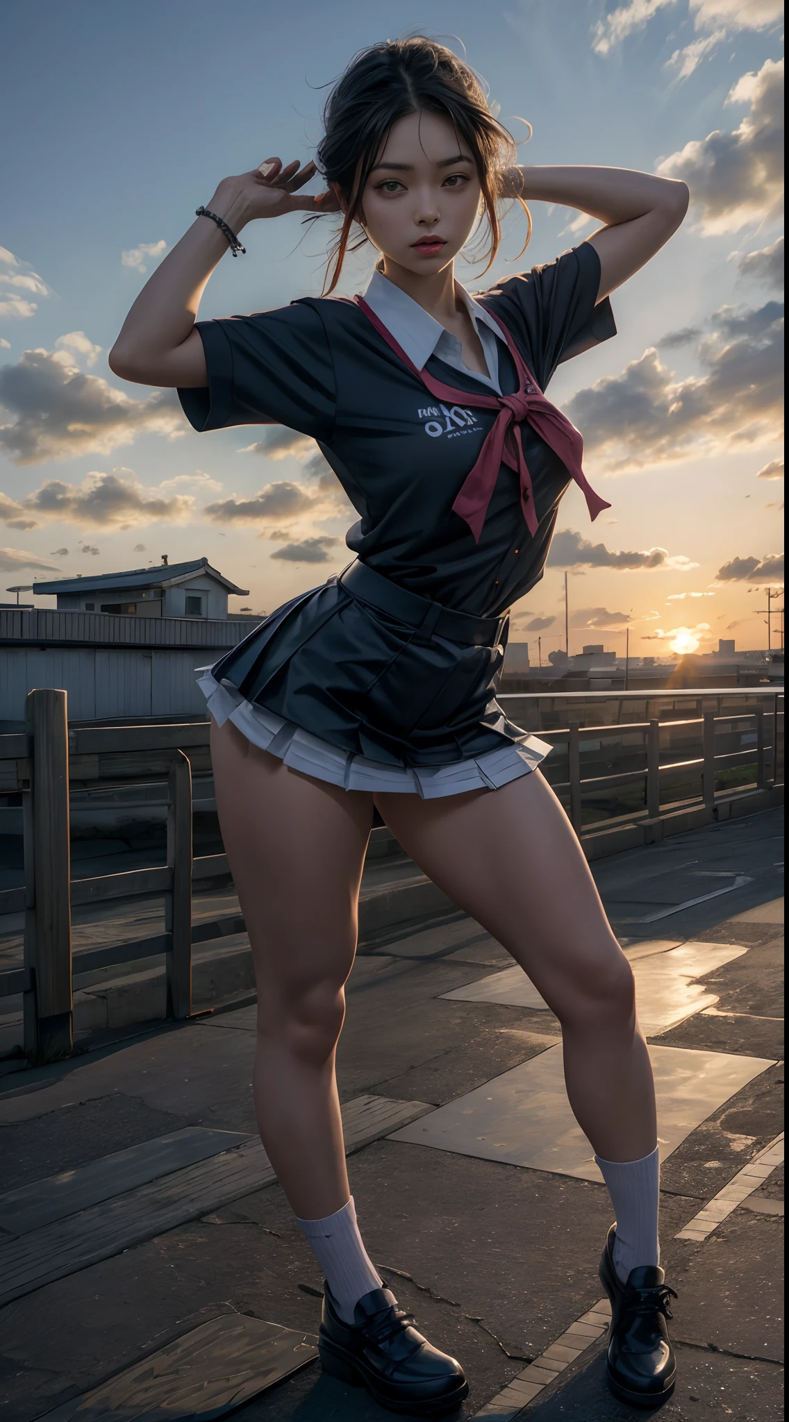 determinada  em(a sexy Japanese school uniform:1.2), sozinho, seios grandes, Sagging Tits, ((blusa rasgada uniforme escolar:1.2)), mini saia xadrez, standing on a windswept rooftop during sunset, com vista para uma paisagem urbana, capturando um momento de empoderamento e desafio,  with a dynamic pose and intricate details, Arremesso longo