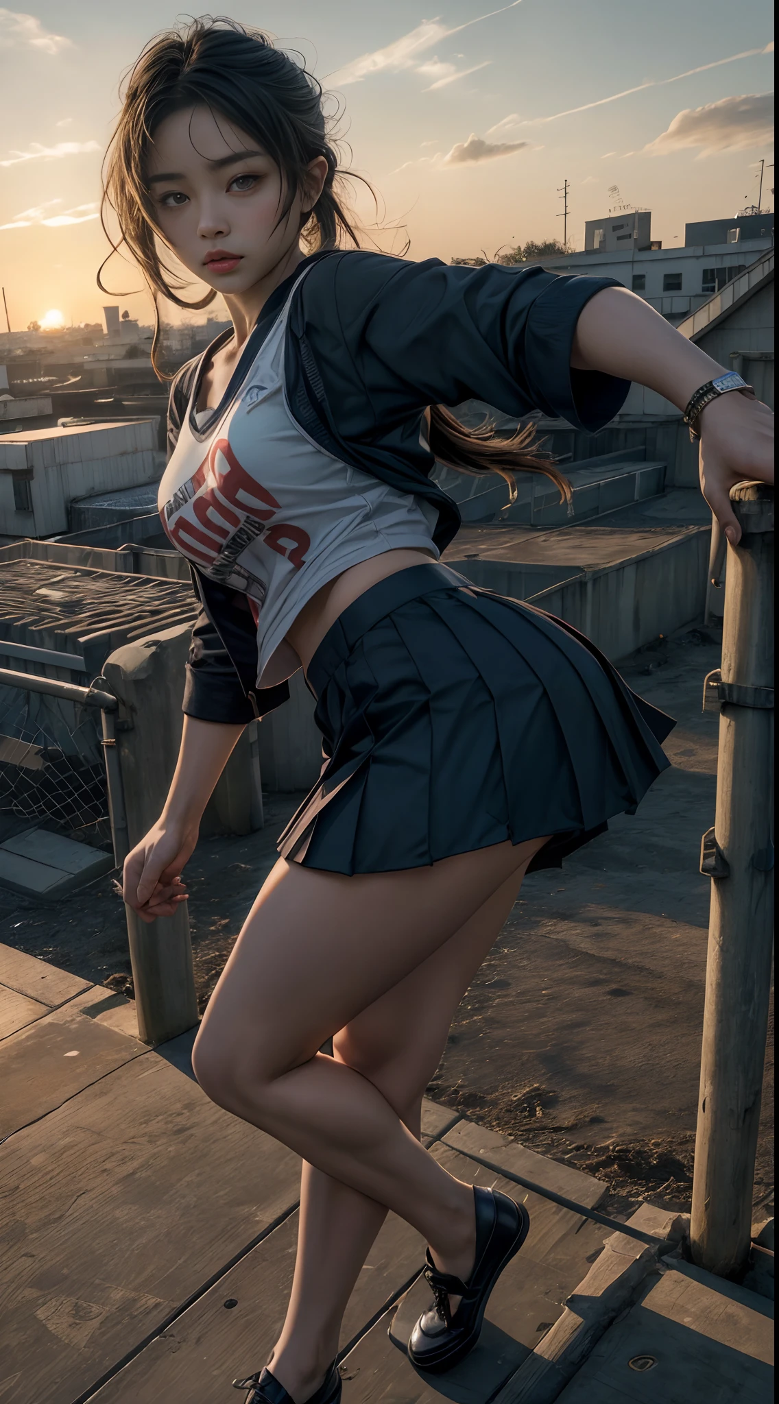determinada menina em(a sexy Japanese school uniform:1.2), sozinho, seios grandes, Sagging Tits, ((blusa rasgada uniforme escolar:1.2)), mini saia xadrez, standing on a windswept rooftop during sunset, com vista para uma paisagem urbana, capturando um momento de empoderamento e desafio, with a dynamic pose and intricate details, Arremesso longo