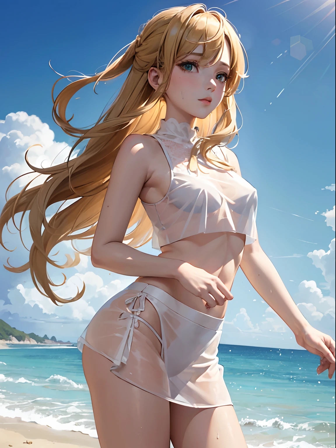NSFW, 1 Lady, Face, (((1lady:1.37, Solo))), (((cowboy shot))), (Beautiful face, Cute face, Detailed face), ((( Golden hair, Semi-long hair, Hair pulled back, Wavy Hair))), (((Detailed beautiful green eyes))), BREAK, (((Sunny))), (((Getting wet on the beach))), (((White sheer blouse, Microblouse, Sleeveless))), BREAK, (((no brassiere, witheout panties, No swimsuit))), (((The nipple is visible, Pubic area visible))), BREAK, (((White sheer micro mini skirt))), a navel, extremely detailed CG unified 8k wallpaper, very fine 8KCG wallpaper, anime moe art style, Anime visuals of cute girls, anime style portrait, In an anime style, Beautiful anime, 8K Anime Art Style, In anime style、8K animation with detailed drawings, (masterpiece, Best Quality), High resolution, Ultra-detailed, ultra-sharp, Cinematic lighting