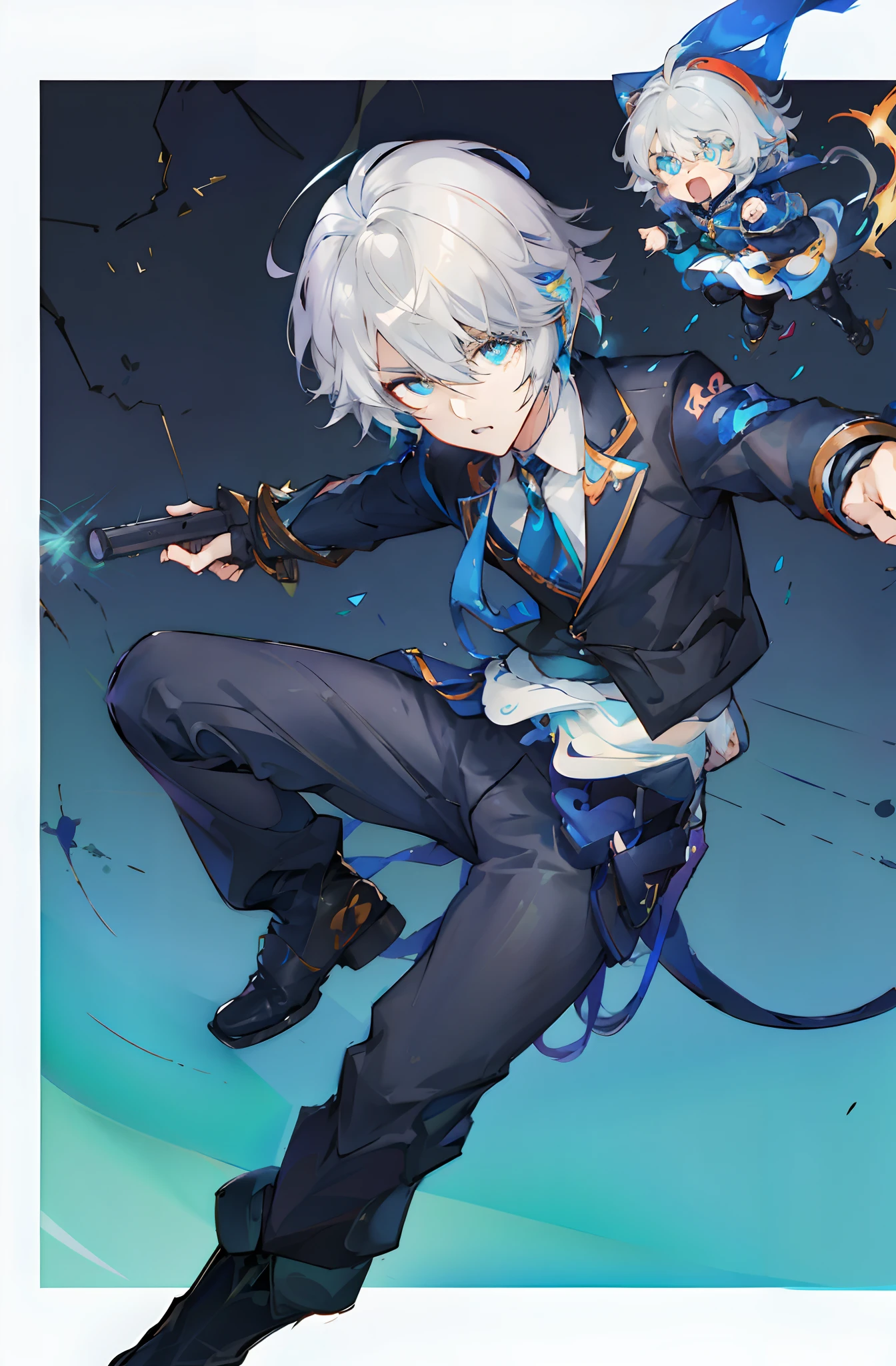 anime character with white hair and blue eyes holding a gun, key anime art, keqing from genshin impact, best anime 4k konachan wallpaper, detailed key anime art, tall anime guy with blue eyes, anime art wallpaper 8 k, genshin impact character, nagito komaeda, hajime yatate, anime art wallpaper 4k