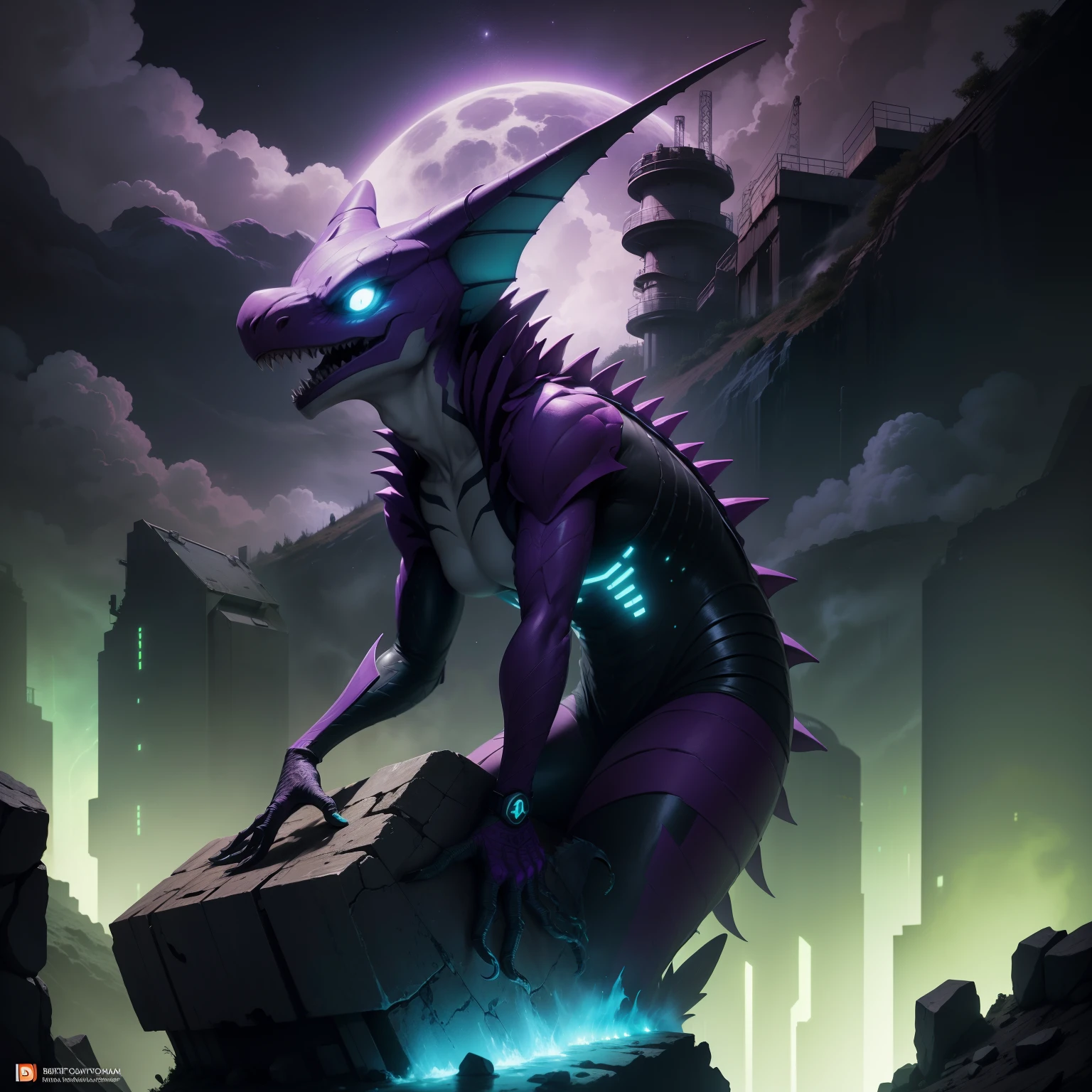 Personagem Venon, modificado,com asa,roxo,On top of a Bitcoin mining plant,nuclear, toxic,nuvem,neblina,noite lua roxa