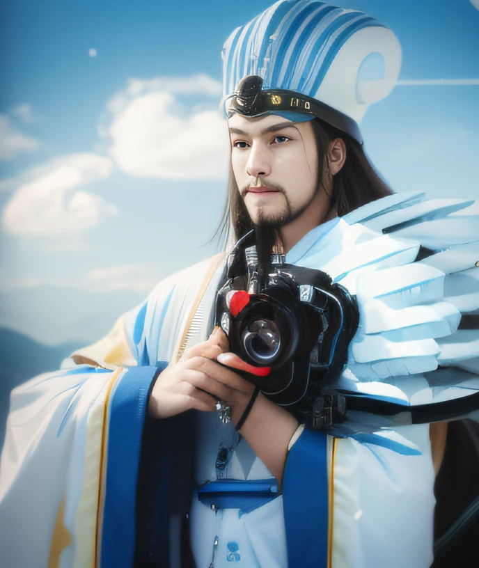 Person in blue and white costume holding camera、Mountain scenery