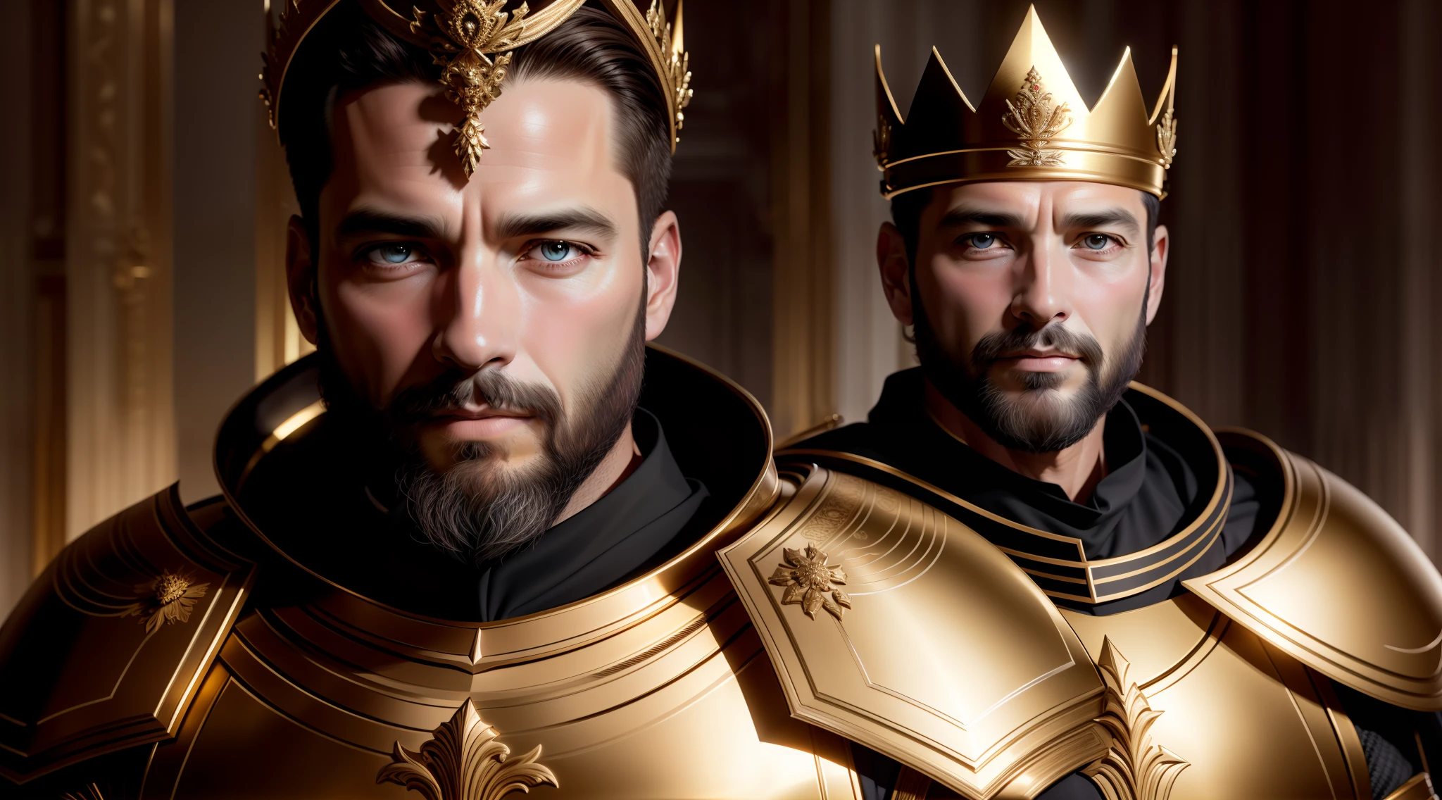 best quality, 500px, cgsociety, 8k, raw photo of (beautiful:1.2) human king, wear king crown, king armor, 40yo, beard, in castle, full body, ambient light, backlight, volumetric lighting, realistic, realistic lighting, cinematic lighting, depth of field, sharp focus, (high contrast:1.2), (film grain)