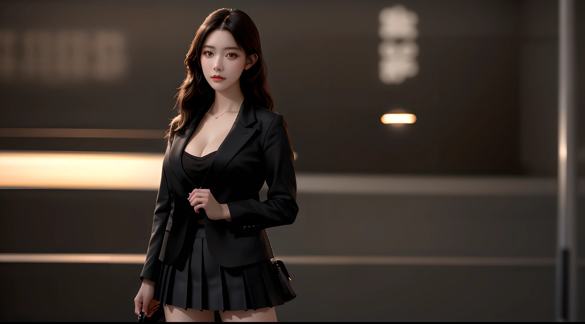 best quality, masterpiece, 1girl, Beautiful face, (photo realistic:1.3), rim lighting, (high detailed skin:1.2), 8k uhd, dslr, high quality, high resolution, 4k, 8k, Bokeh, absurdres, best ratio four finger and one thumb, (realistic:1.3), cute 1girl, wearing black formal blazer, medium breasts, short skirt,