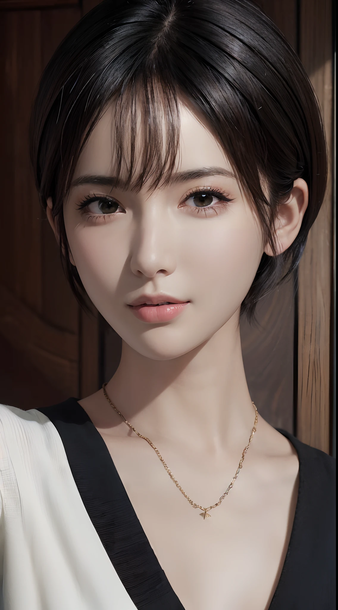 (masterpiece:1.3), (8k, photorealistic, RAW photo, best quality: 1.4), (1girl), beautiful face, (realistic face), (black hair, short hair:1.3), Nice hairstyle，photorealistic eye，Nice detail eyes，（Realistic skin），Beautiful skins，（Sweaters），absurd res，enticing，超高分辨率，Ultra photo realsisim，The is very detailed，the golden ratio，Looks like a Japanese star