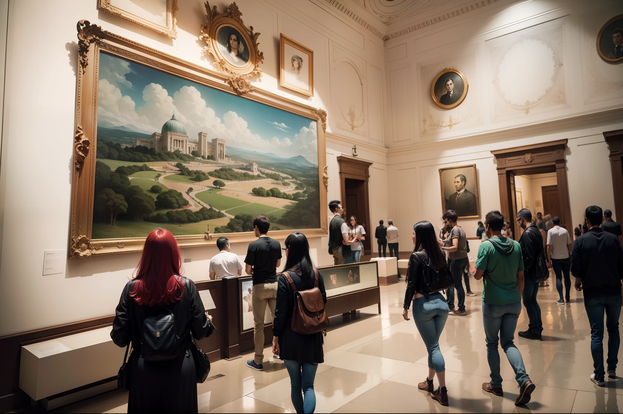 Pessoas no museu, estilo desenho animado.