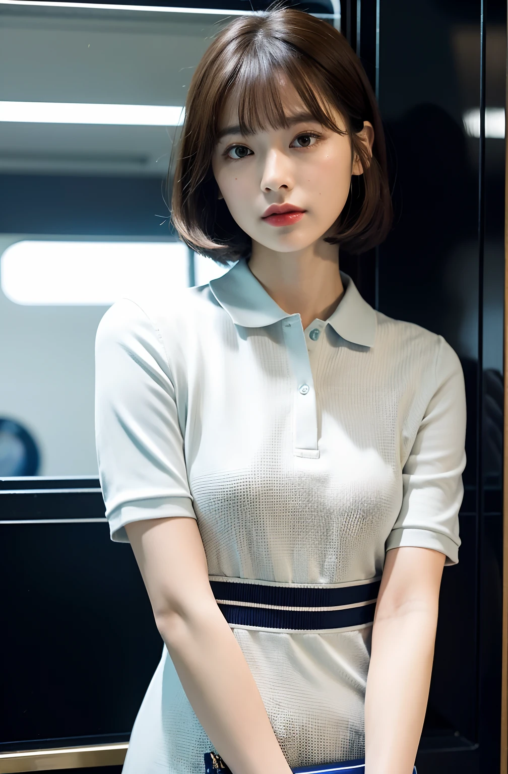 ((8K)、top-quality、​masterpiece、超A high resolution:1.2)Photo Beautiful Japan woman(pleasing:1.1) Elegance、There is a good、Gradient lighting、1girl in、Delicate skin、Look here、Brown-eyed、(short hair with bangs:1.2)、(Medium chest:1.0)、(medium areola:0.8)、(realisitic:1.4)、(top-quality:1.0)、(超A high resolution:1.0)、8K、Raw photography、(​masterpiece:0.2)、(pureerosface_v1:0.5)、Contrast Trim Polo Neck Bodycon Dress、Onepiece、Polo shirt style dresses、Super Mini Length、the skirt is short、Mini dress、Collared dress、shortsleeves、The clothes are dark blue and the collar is white、want me、Staring at this、JR Yamanote Line at night、on train、by the window、erect through、total darkness、subject、Lean、Look here、deep in the night、Holding a train strap with one hand、Standing Sleep、tote bags、