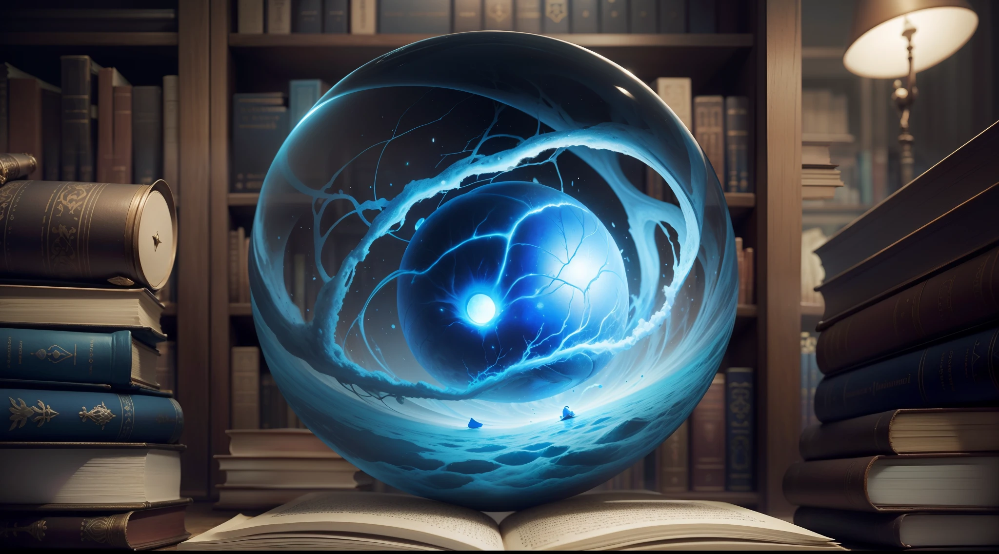 Capture the convergence of knowledge and creativity in an image. Photograph a surreal blue brain emerging from an old book in a silent library. Highlight the connection between the human mind and the wisdom contained within the pages.