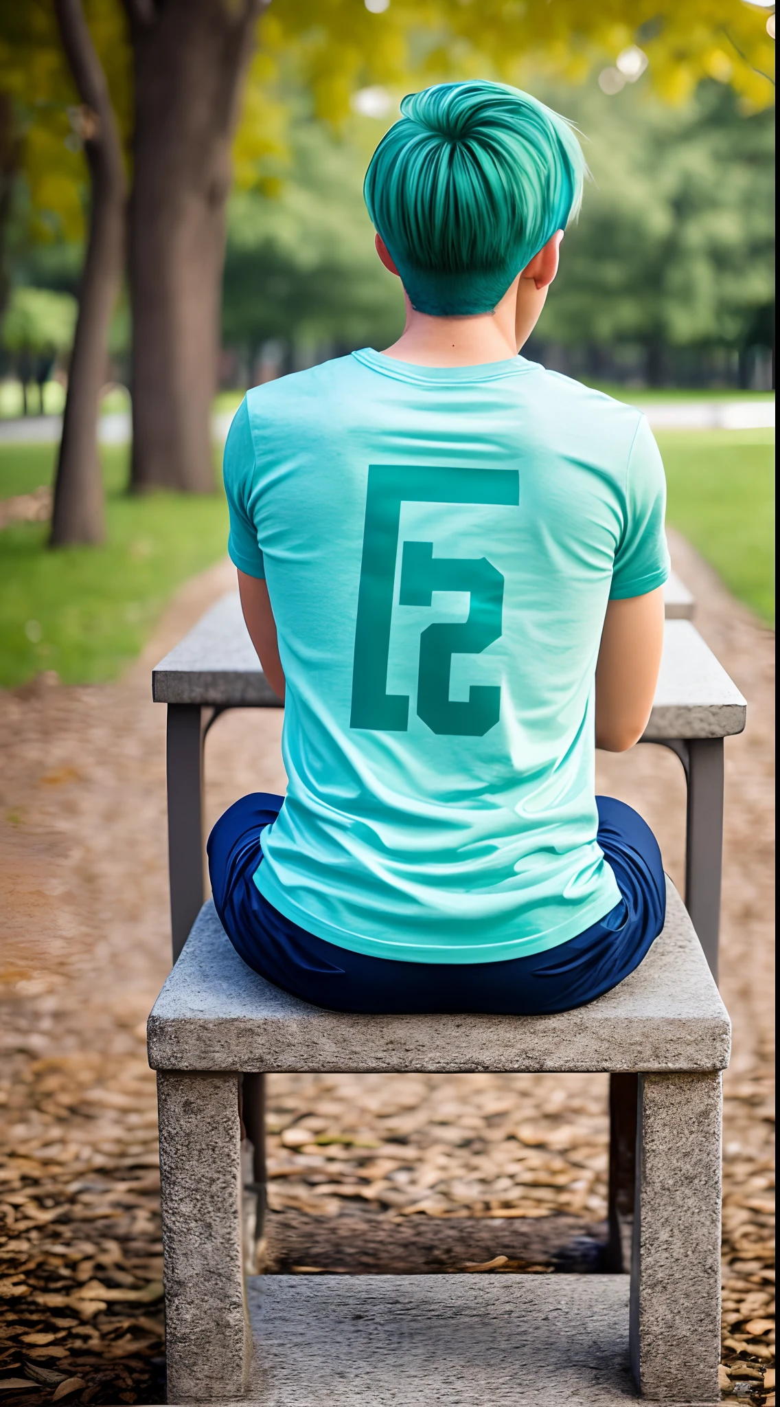 A back view shot of a 16-year-old boy with blue-green hair sitting on a stone bench chair on a university campus, wearing a short-sleeved T-shirt and tight pants —photography --auto --s2