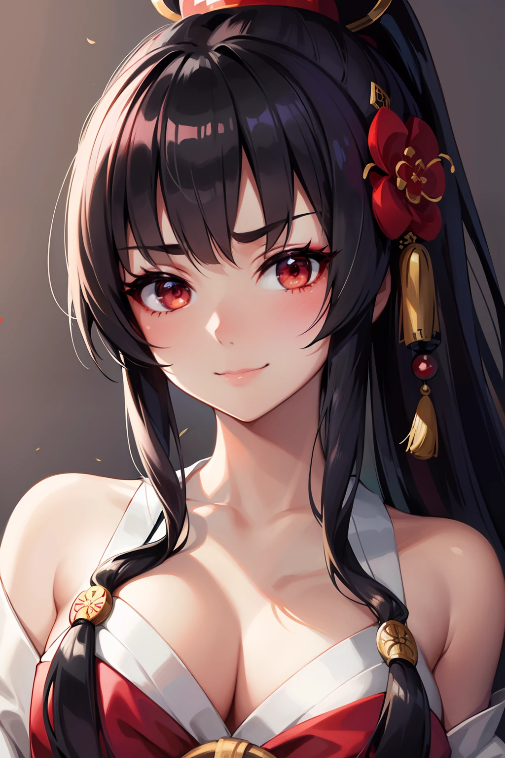 Masterpiece, best quality, high quality, closeup, solo anime portrait, female, 1girl, Geisha wears a layer of white face powder, with a red or pink accent color applied to the lips and eyes. The eyes are emphasized with black or brown eyeliner and mascara, and the eyebrows are painted thinly and high on the forehead. The geisha's hairstyle is also an important part of their appearance, often consisting of elaborate updos adorned with hair ornaments such as combs, flowers, and hairpins. Geisha typically wear a kimono, which is a long, flowing garment made of silk or other high-quality fabrics. The kimono is often brightly colored with intricate patterns, and it is worn with an obi, which is a wide sash that is tied at the back. Geisha also wear zori, which are traditional Japanese sandals, and tabi, which are white socks, JRPG art, trending on caravaggio, intrinsicated and detailed smiling, looking at camera, cute face, face focus, highly-detailed, top lightning, trending on pixiv, HD digital, 32k, vibrant colors