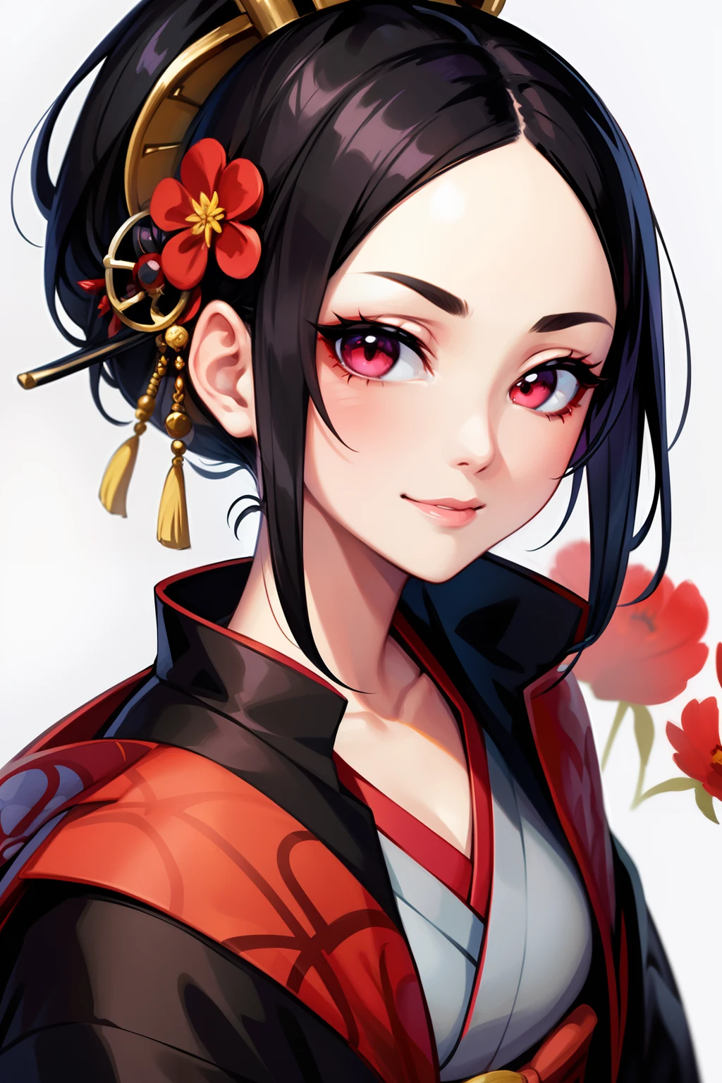 Masterpiece, best quality, high quality, closeup, solo anime portrait, female, 1girl, Geisha wears a layer of white face powder, with a red or pink accent color applied to the lips and eyes. The eyes are emphasized with black or brown eyeliner and mascara, and the eyebrows are painted thinly and high on the forehead. The geisha's hairstyle is also an important part of their appearance, often consisting of elaborate updos adorned with hair ornaments such as combs, flowers, and hairpins. Geisha typically wear a kimono, which is a long, flowing garment made of silk or other high-quality fabrics. The kimono is often brightly colored with intricate patterns, and it is worn with an obi, which is a wide sash that is tied at the back. Geisha also wear zori, which are traditional Japanese sandals, and tabi, which are white socks, JRPG art, trending on caravaggio, intrinsicated and detailed smiling, looking at camera, cute face, face focus, highly-detailed, top lightning, trending on pixiv, HD digital, 32k, vibrant colors