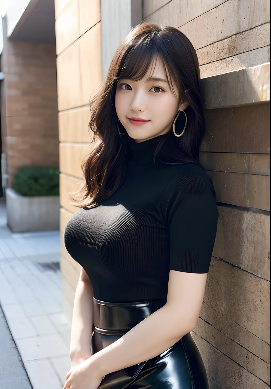 luster tight knit shirt, (latex black tight skirt), leather shoulder bag, Dynamic pose, Below the waist shot, haunting smile, moist lips, irises and pupils are rounded, the pupil reflects the surroundings, eyes are not the same size, hoop earrings, Middle eyes, perfect eyes, watery eyes, thick bangs, Thin legs, high detailed skin, visible pores, large breasts, pink lip make, 19 year old Japanese girl leaning against the wall of a college building near University Avenue with a leather bag hanging over her shoulder, ultra high res, photorealistic, realistic, front light, professional lighting, best quality, photo-realistic, photon mapping, radiosity, physically-based rendering, automatic white balance, technological sense, best quality, masterpiece, illustration, CG, unity, wallpaper, official art, Amazing, finely detail, an extremely delicate and beautiful, extremely detailed, highly detailed, sharp focus, rich background, blurry background, strong sunlight, real person, photograph.