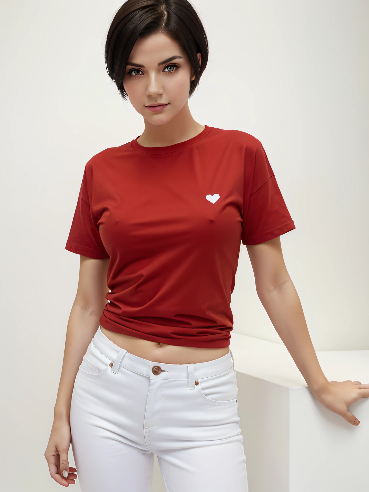 Woman wearing red t-shirt, with short black hair, green eyes, trendy pose, hip hop style, realistic image, white background, no background, full body image