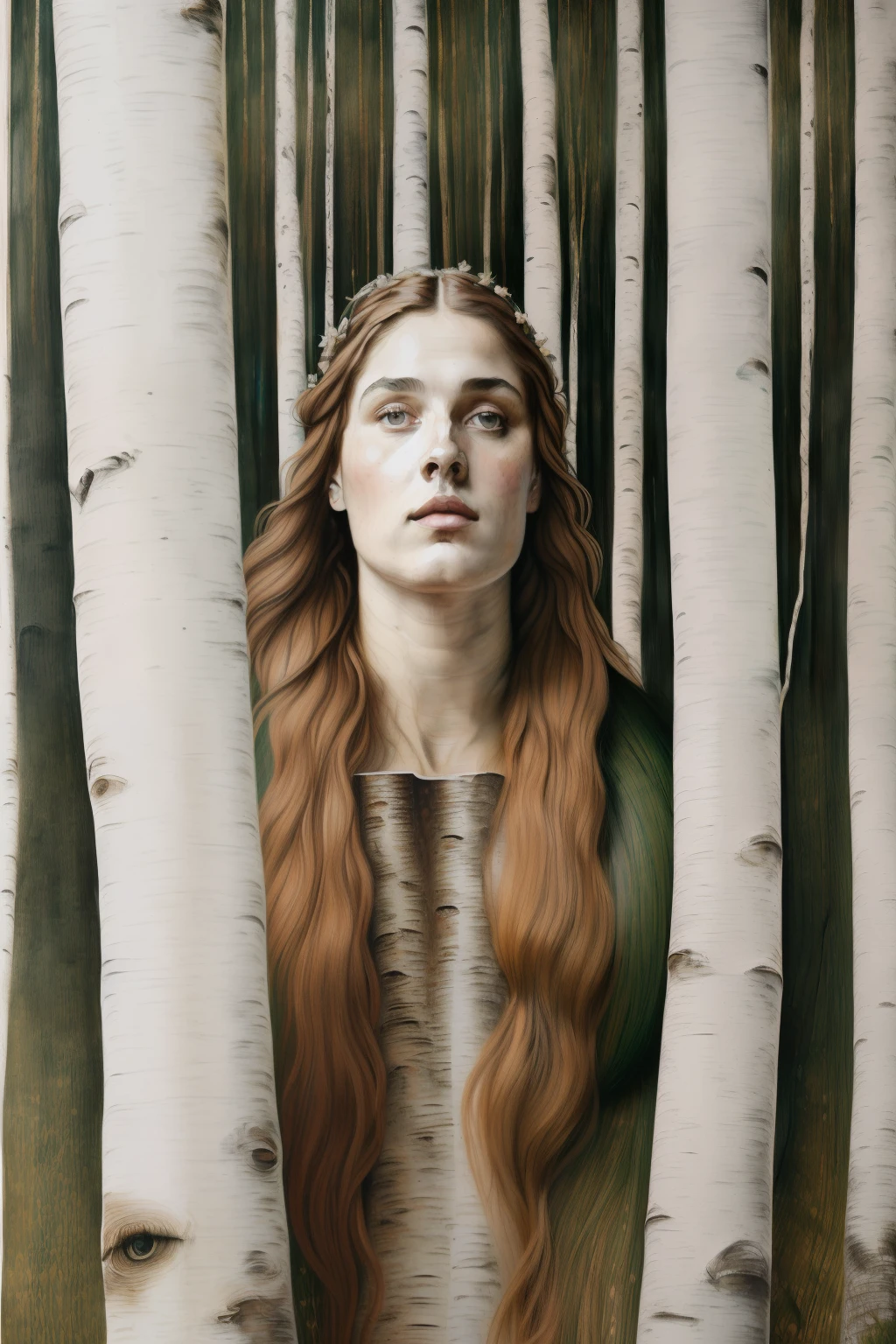 (((Painting of Pre-Raphaelite woman made of white birch trunk, tree-woman, cabelo de folhas amarelas, Mata dos Vidoeiros, tonalidade  outonal. Eye and eyebrows on birch trunk,  "eyes and eyebrows on birch trunk")))