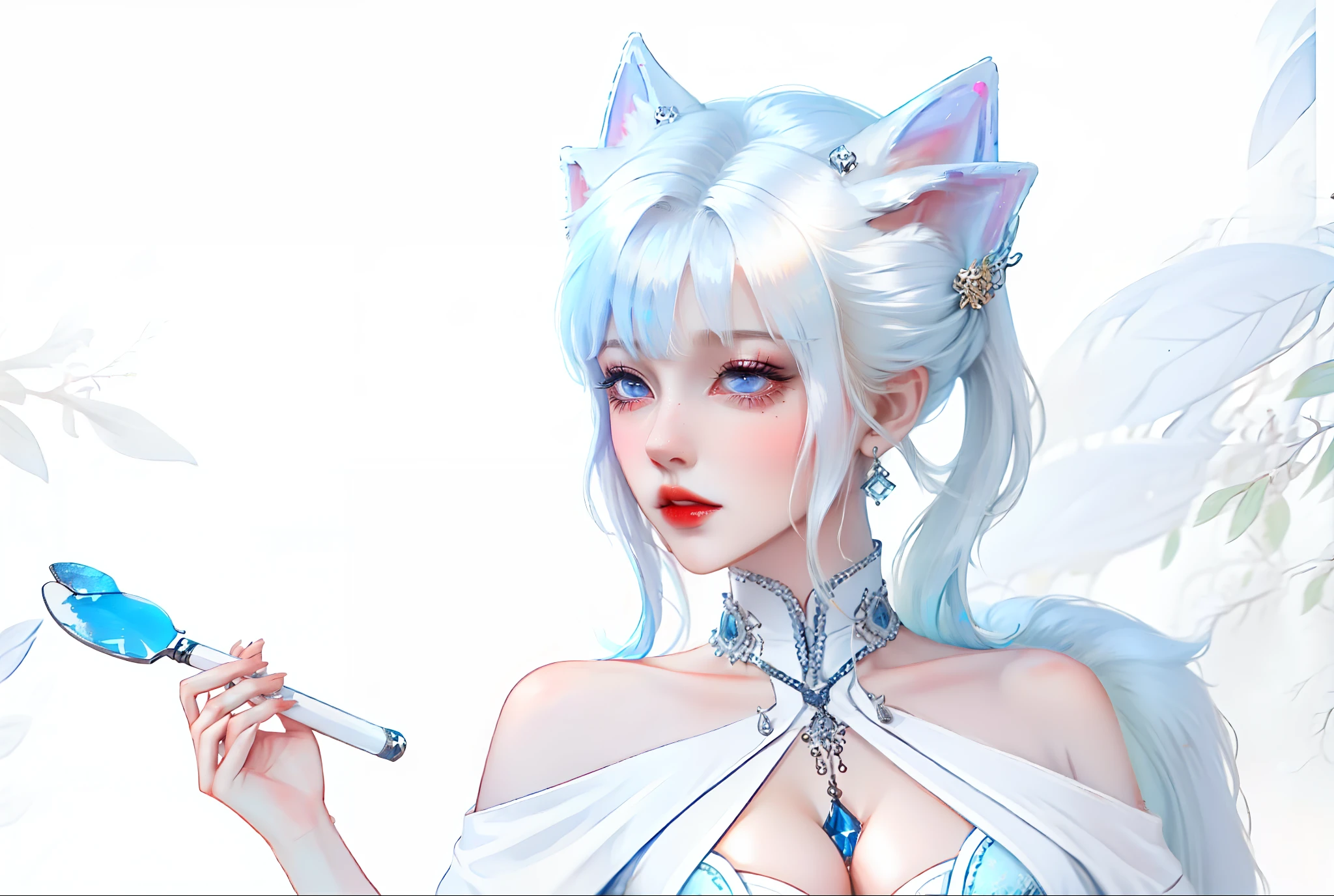 Lori huge breasts cleavage,Short white hair, blue pick-dye,M bangs,dual horsetail,a blue dress,Blue cat ears