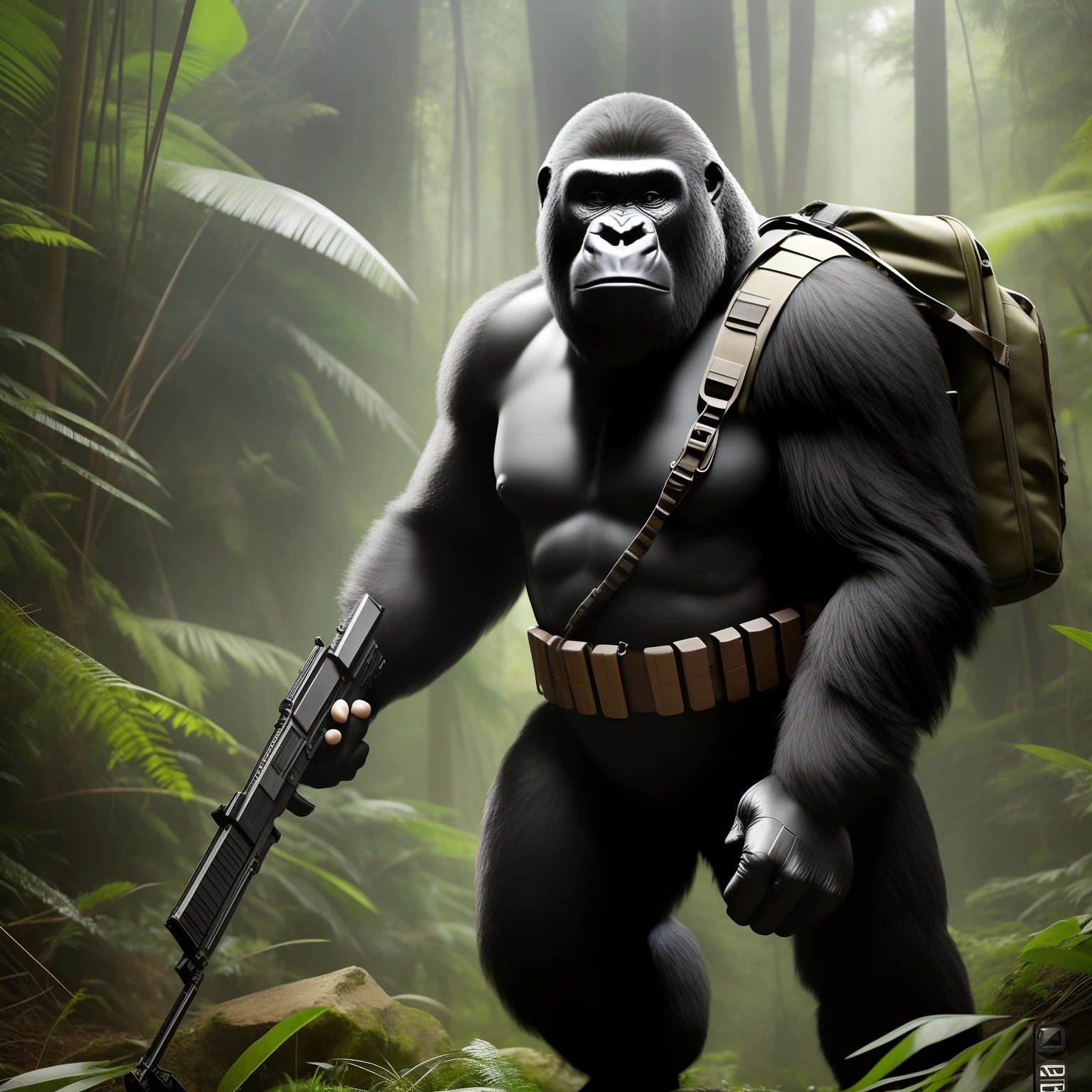 Cuerpo completo. Un gorila lomo plateado, en pocision erguida vestido de comando, Carrying a Galill rifle in combat position. The gorilla is in the jungle waiting for enemies and always alert in combat position, gran angular, imagen en 3D, resolution. 32K, ultradetallado, octanaje renderizado, detalles intricados, volumetric illumination, efecto vidrio roto, arte conceptual de Greg Rukowsky. Estilo: Fotografico lente 50 mm, apertura F 2.5. Sugerencias: No debe salir: Borroso, 2 cabezas, 2 caras, mala anatomia, malas proporciones, mal arte, mal dibujado, cara mal dibujada, mutado, mutilado, morbid, extremidades perdidas, extremidades extras, extremidades flotantes, extremidades fusionadas, fuera de foco, low res, carton, plastico