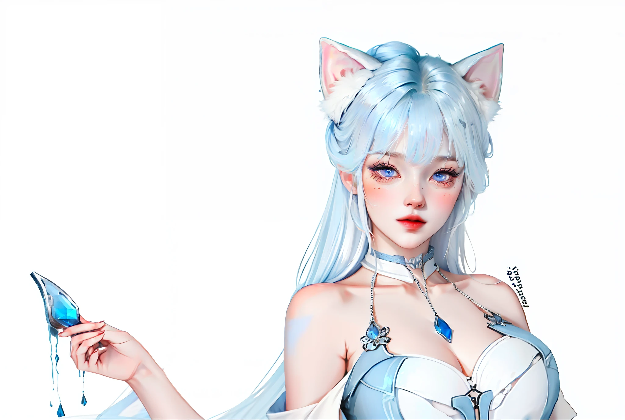 Lori huge breasts cleavage，Short white hair, blue pick-dye，M bangs，dual horsetail，a blue dress，Blue cat ears