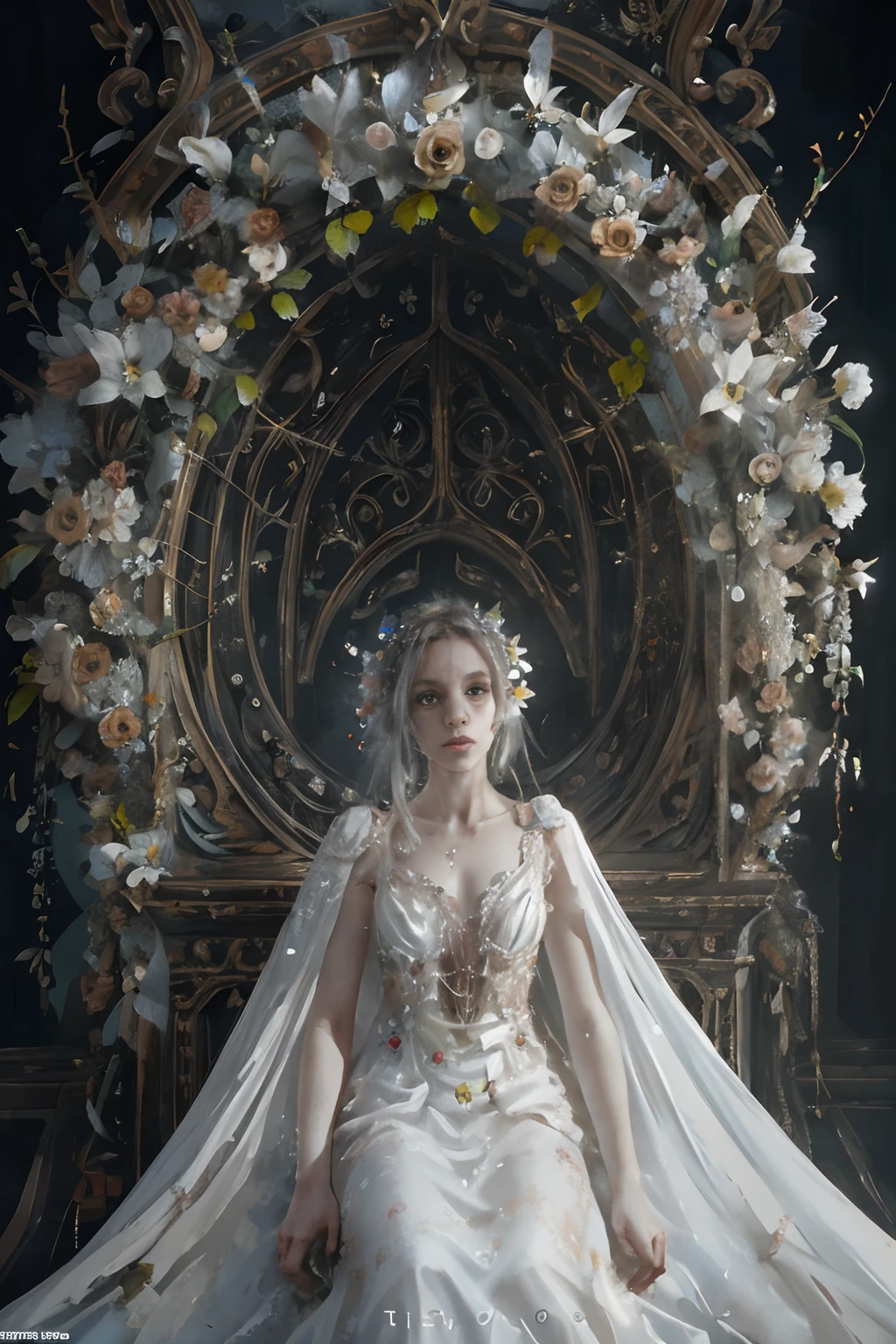 dead rotting girl, in a state of putrefaction, with flowers coming out of her body :: white dress :: Epic cinematic brilliant stunning intricate meticulously detailed dramatic atmospheric maximalist digital matte painting