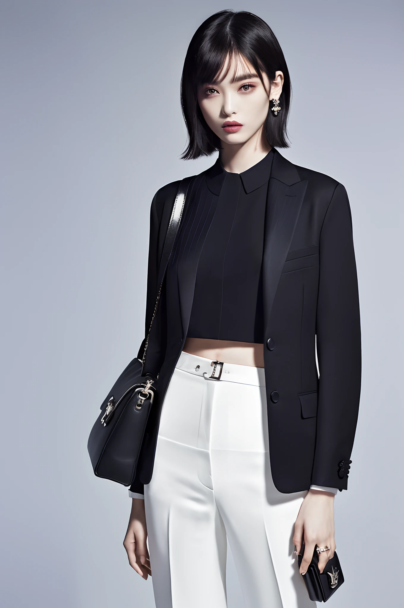 ((masutepiece, of the highest quality, High Definition)),a woman in a white Tshirt, Black pants, Dior's Official Editorial Black Wallet, official vuitton editorial, Prada Official Editorial, Jil Sander's official editorial. She wears cropped tops in a sexy way, Embodying off-white style and off-white collection. Her clothes are black and white. This image is part of a Dior campaign.Manish makeup, ((Cool shortcuts:1.2))