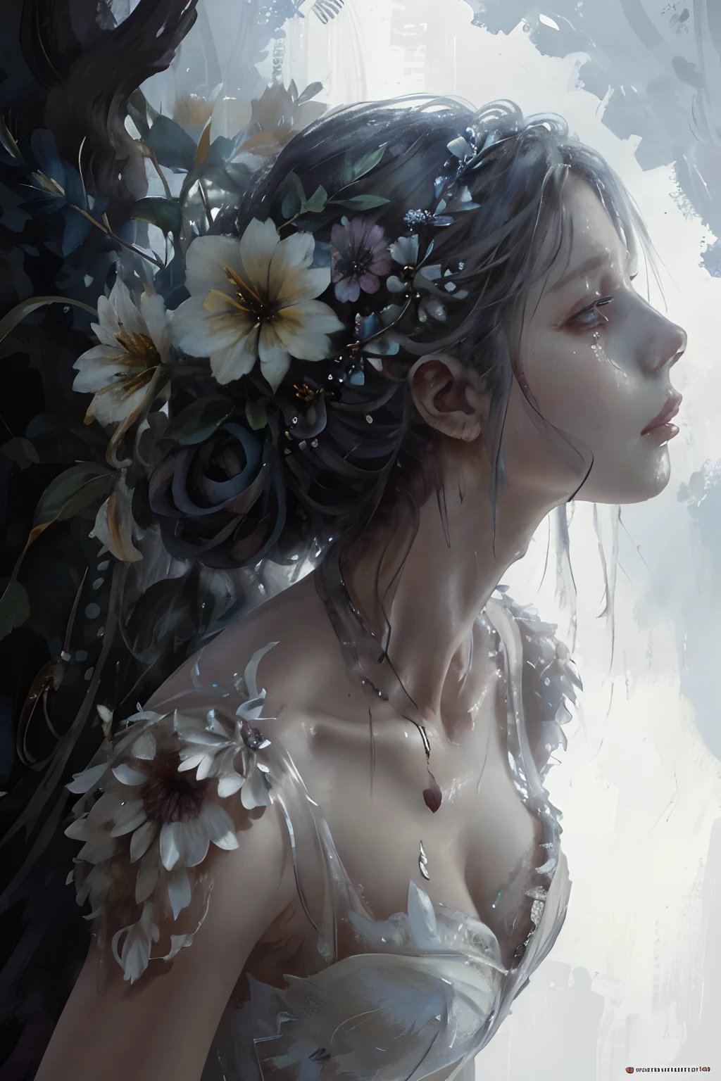 dead rotting girl, in a state of putrefaction, with flowers coming out of her body :: white dress :: Epic cinematic brilliant stunning intricate meticulously detailed dramatic atmospheric maximalist digital matte painting