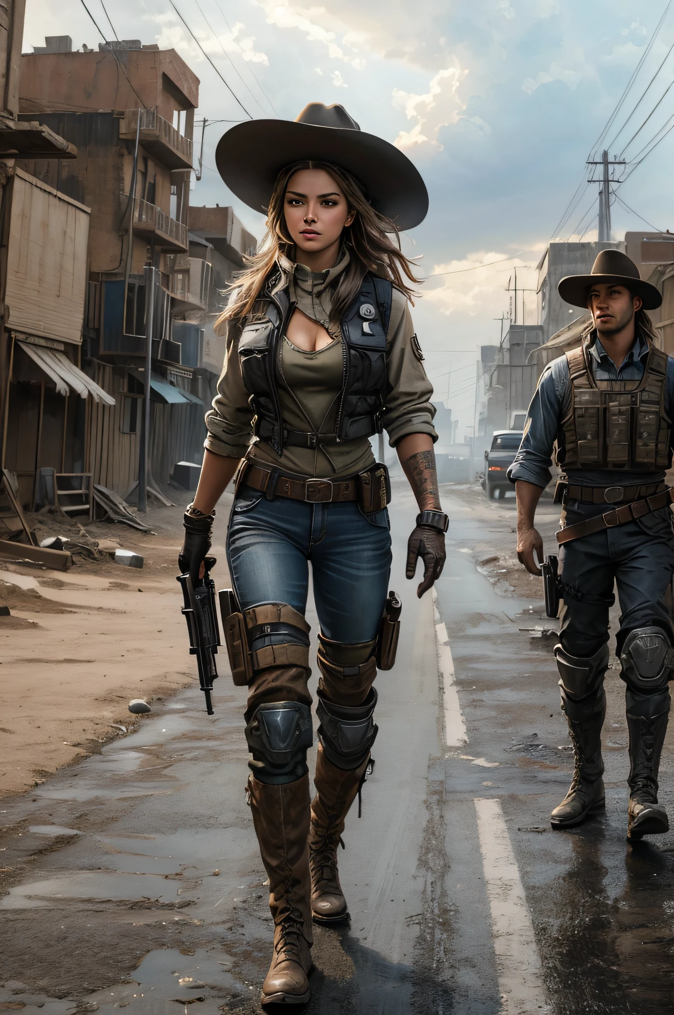 Create a cinematic, filmic image ((best quality)), ((masterpiece)), ((realistic)) of [post nuclear town] in [fallout style], with [detailed linework], [dynamic shading], and [rich colors]. Show [young caucasian woman] [Desert Ranger] named [AnjelikaV2:1.5] and her [full body], with [expressive facial features] and [fluid body movements], and close attention paid to [costume design] and [background details]. The art style should capture the [post-apocalyptic setting] of the image.
Create an [ultra-realistic], [high-resolution] image of [soldier] [mercenary] [exploring] [american] [desolated city] before the [storm], with the [hot summer sun] still shining brightly in the sky, but in the distance, the sky is a [dark and foreboding shade of blue], hinting at an impending storm. [Tumbleweeds] rolling in the distance.
Her face is covered in [dust] with windswept hair cascading [loosely]. Her eyes with [black eyeliner] and [smokey eye shadow] have long, full eyelashes that add to her feminine charm. She wears a [bandolier], [uzipped] [rugged black leather armor] showing her [cleavage] and [tactical vest:1.2], [old jeans] accentuating her [slim body] and [black wide-brimmed cowboy hat] with metal [texas ranger star], [knee pads] and [short leather boots] that provide both style and function and [holding weapon], [holding gun], [assault rifle:1.2].
Aim for a [photorealistic] portrayal that captures the [essence] of her character, with [intricate details] that capture every nuance of her form. The overall mood of the image should be [post nuclear], [post-apocalyptic], with a sense of [melancholy], [loneliness], and [desolation], showing the complete scene with her [full body]  >