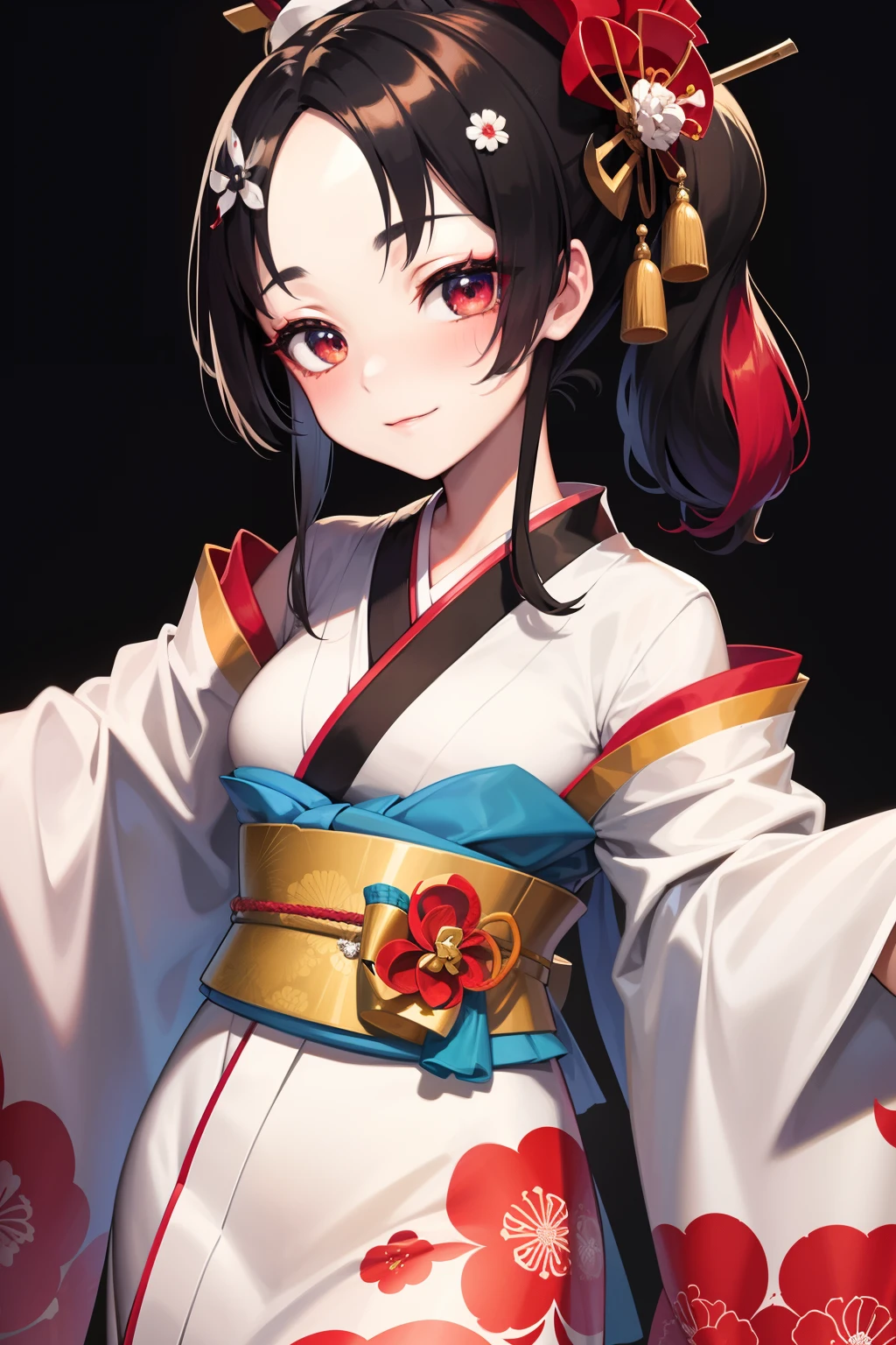 Masterpiece, best quality, high quality, closeup, solo anime portrait, female, 1girl, Geisha wears a layer of white face powder, with a red or pink accent color applied to the lips and eyes. The eyes are emphasized with black or brown eyeliner and mascara, and the eyebrows are painted thinly and high on the forehead. The geisha's hairstyle is also an important part of their appearance, often consisting of elaborate updos adorned with hair ornaments such as combs, flowers, and hairpins. Geisha typically wear a kimono, which is a long, flowing garment made of silk or other high-quality fabrics. The kimono is often brightly colored with intricate patterns, and it is worn with an obi, which is a wide sash that is tied at the back. Geisha also wear zori, which are traditional Japanese sandals, and tabi, which are white socks, JRPG art, trending on caravaggio, intrinsicated and detailed smiling, looking at camera, cute face, face focus, highly-detailed, top lightning, trending on pixiv, HD digital, 32k, vibrant colors