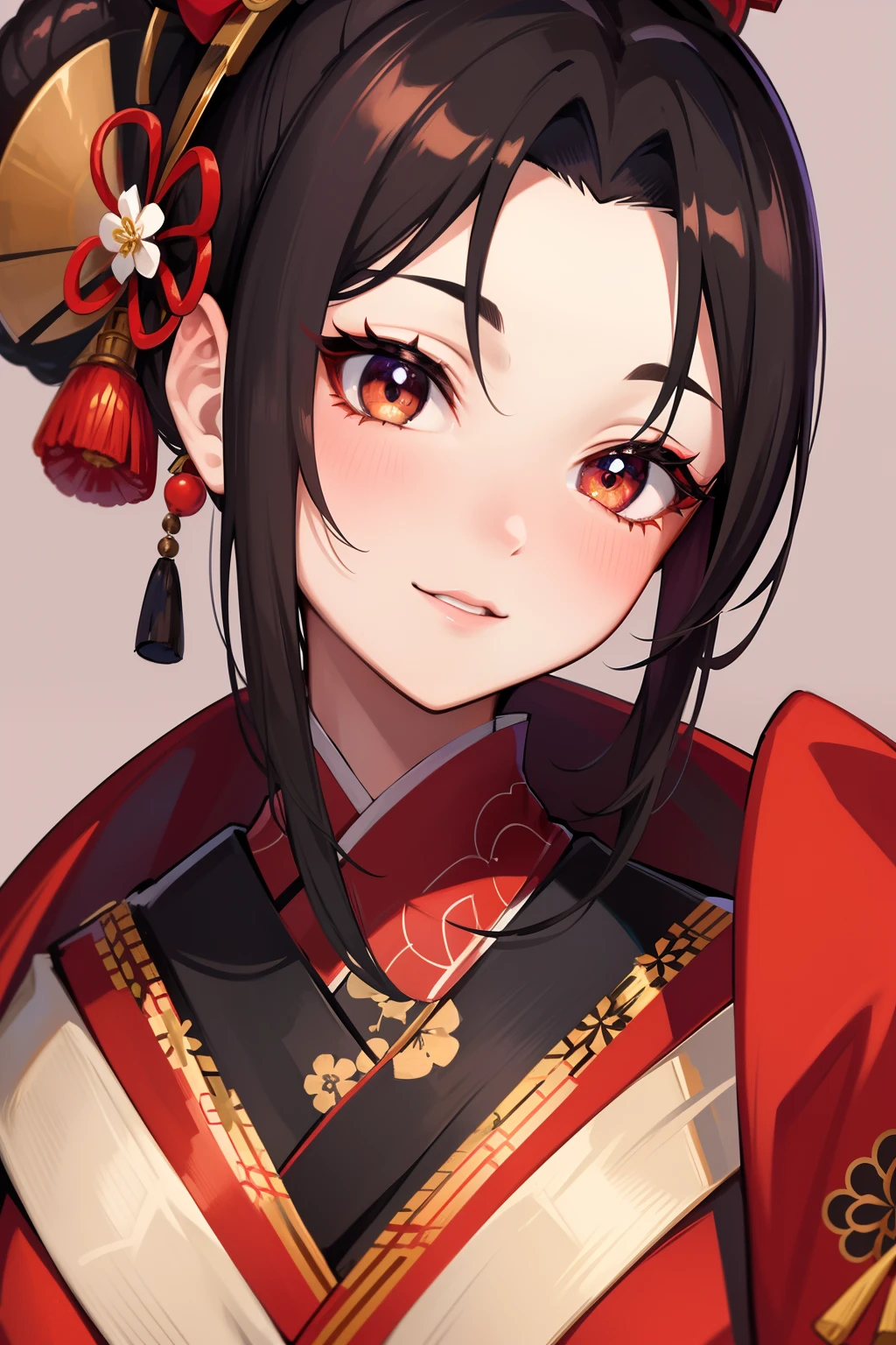 Masterpiece, best quality, high quality, closeup, solo anime portrait, female, 1girl, Geisha wears a layer of white face powder, with a red or pink accent color applied to the lips and eyes. The eyes are emphasized with black or brown eyeliner and mascara, and the eyebrows are painted thinly and high on the forehead. The geisha's hairstyle is also an important part of their appearance, often consisting of elaborate updos adorned with hair ornaments such as combs, flowers, and hairpins. Geisha typically wear a kimono, which is a long, flowing garment made of silk or other high-quality fabrics. The kimono is often brightly colored with intricate patterns, and it is worn with an obi, which is a wide sash that is tied at the back. Geisha also wear zori, which are traditional Japanese sandals, and tabi, which are white socks, JRPG art, trending on caravaggio, intrinsicated and detailed smiling, looking at camera, cute face, face focus, highly-detailed, top lightning, trending on pixiv, HD digital, 32k, vibrant colors