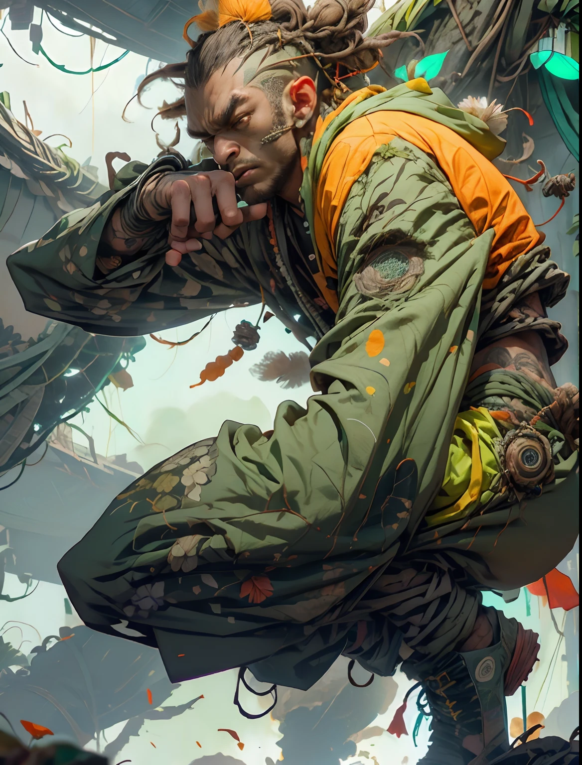 green:1.5, orange:1.1, white:1.3, yellow:1.3, (rapper with dread hair),tattoos, (power puffer clothes:1.2),flowers,leaves,fog,lines,circles background
