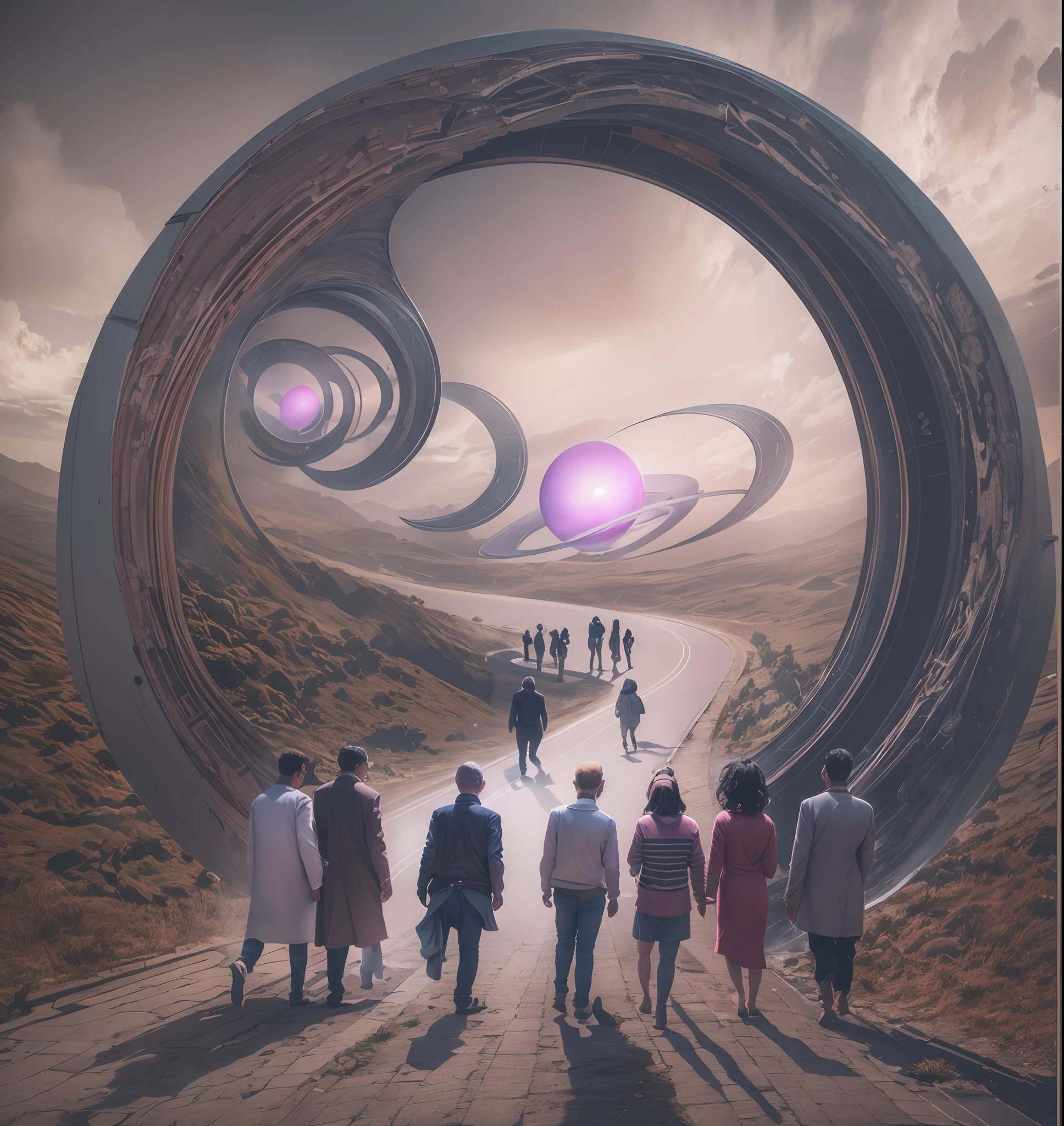 Digital art of a group of people walking on a road with a purple swirl, surreal collage, collage style joseba elorza, tunnels lead to different worlds, portal to another universe, vortex portal banish the elders, portal to another dimension, interstellar infinity portal, world seen only through a portal, portal to outer space, open portal to another dimension.bgill55_art