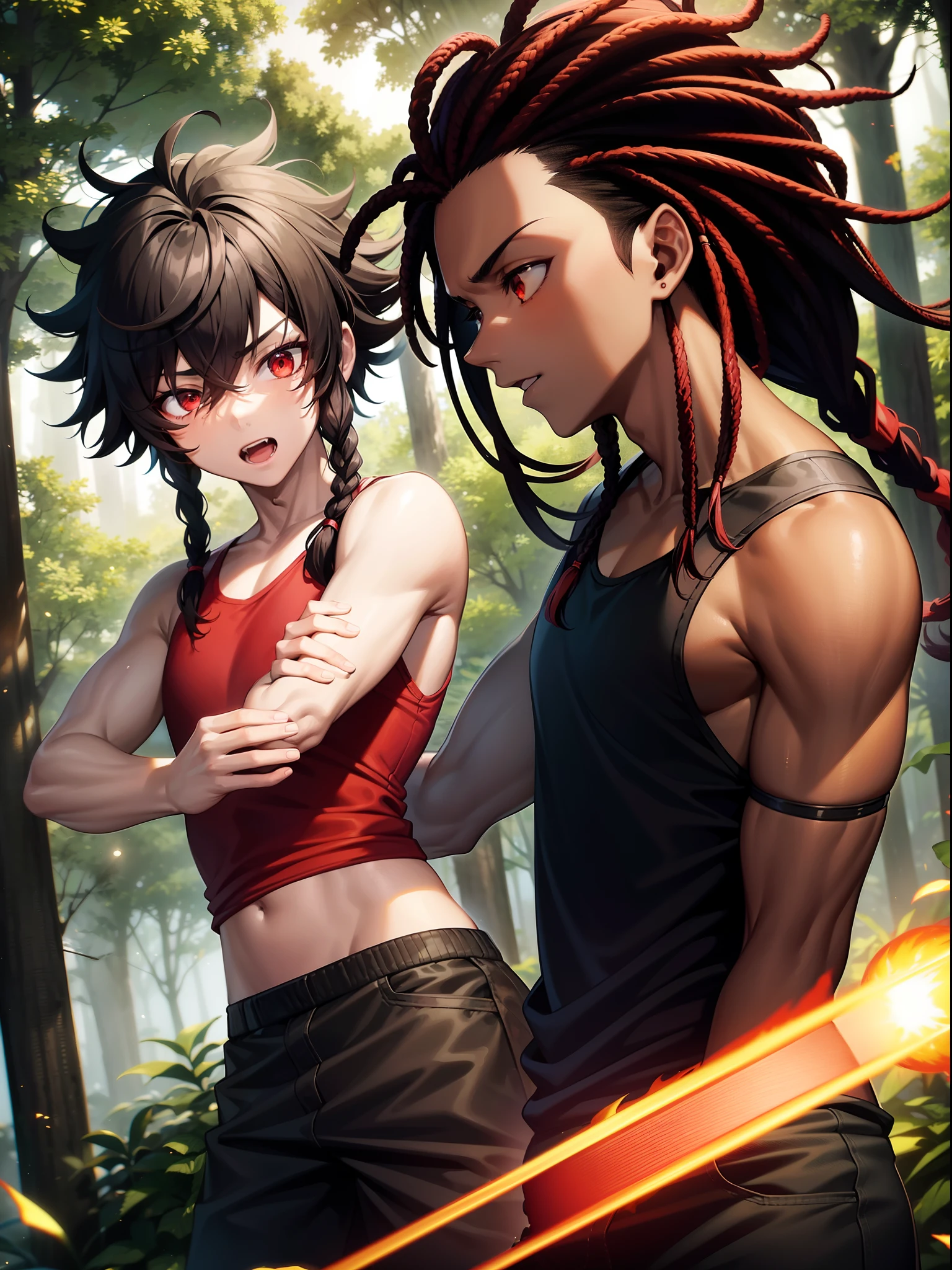 1 boy, brown skin, black dreadlocks with red tips, red eyes, shooting fireball from left pointer finger, wearing black tank top, wearing camo pants, in the forest, high res, ultrasharp, 8k
