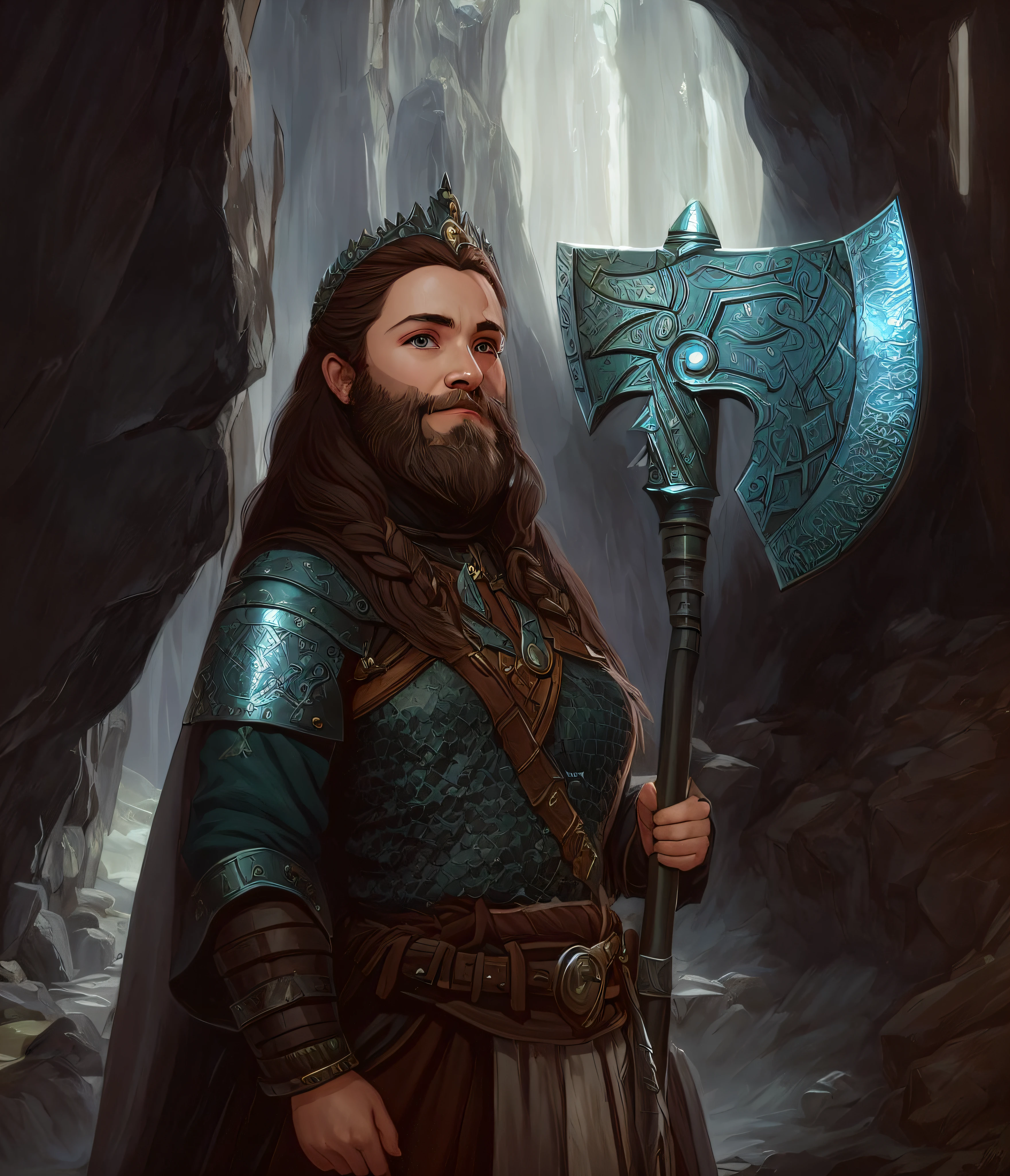 There is a woman with a big axe in a cave, female dwarven warrior, dwarven woman, female dwarf woman, Noble female dwarf, Retrato do Paladino Feminino, retrato do personagem da fantasia, dwarvin, female dwarven blacksmith, fantasia paladin mulher, retrato de arte conceito de fantasia, Tuomas Korpi e Wlop, portrait of a dwarf warrior, dwarf cleric, com roupa de mithril imitando tecido, machado de guerra, pintura digital, aquarela, pintura uniforme, renderizar pintura digital, bela mulher