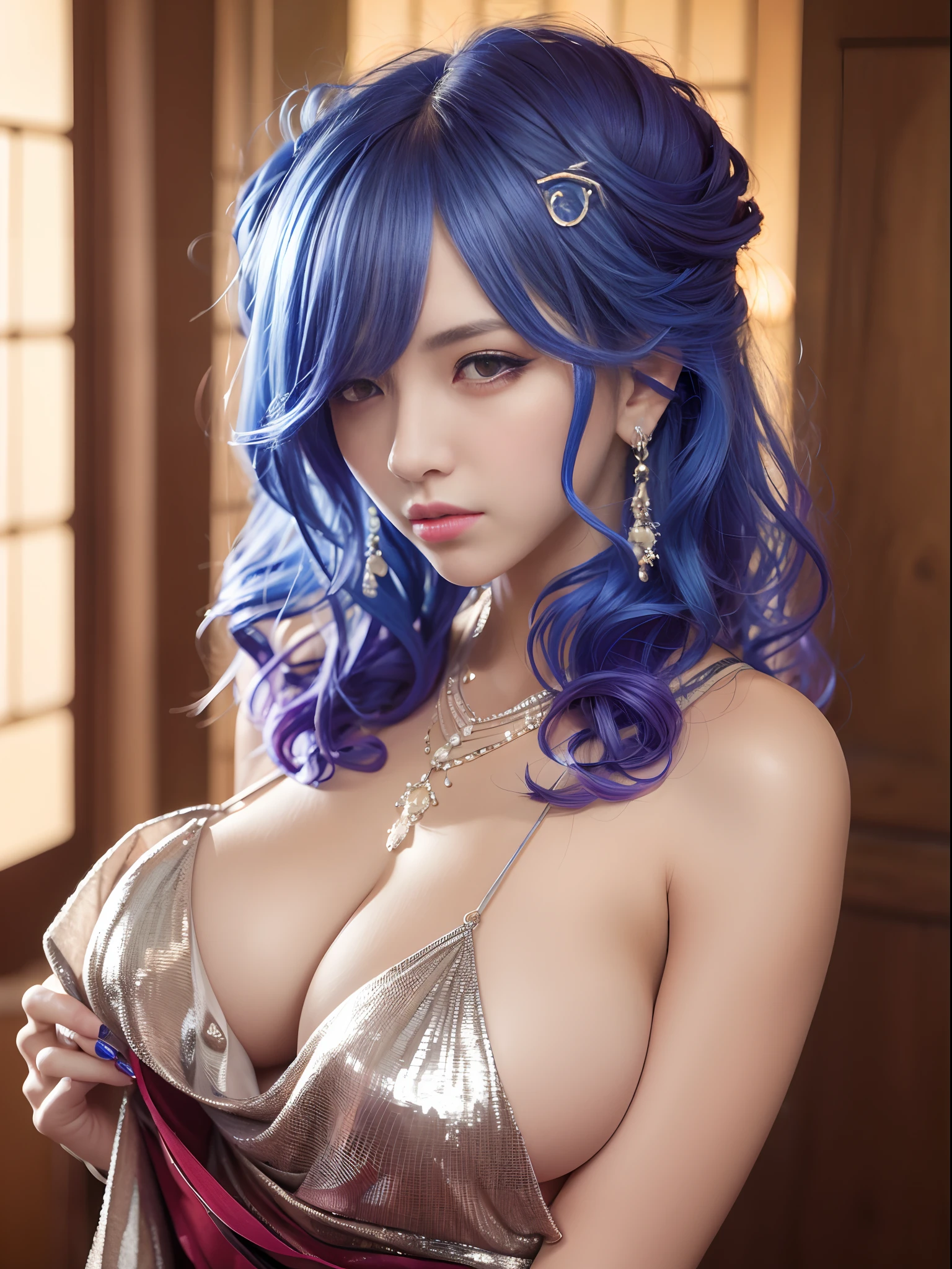 Realistic, 1girl, blue hair, red eyes, glowing eyes, cut top, skirt, parted lips, blush, night, flowers, sun, sunlight, H-CUP big boobs, japanese goddess, big breasts
