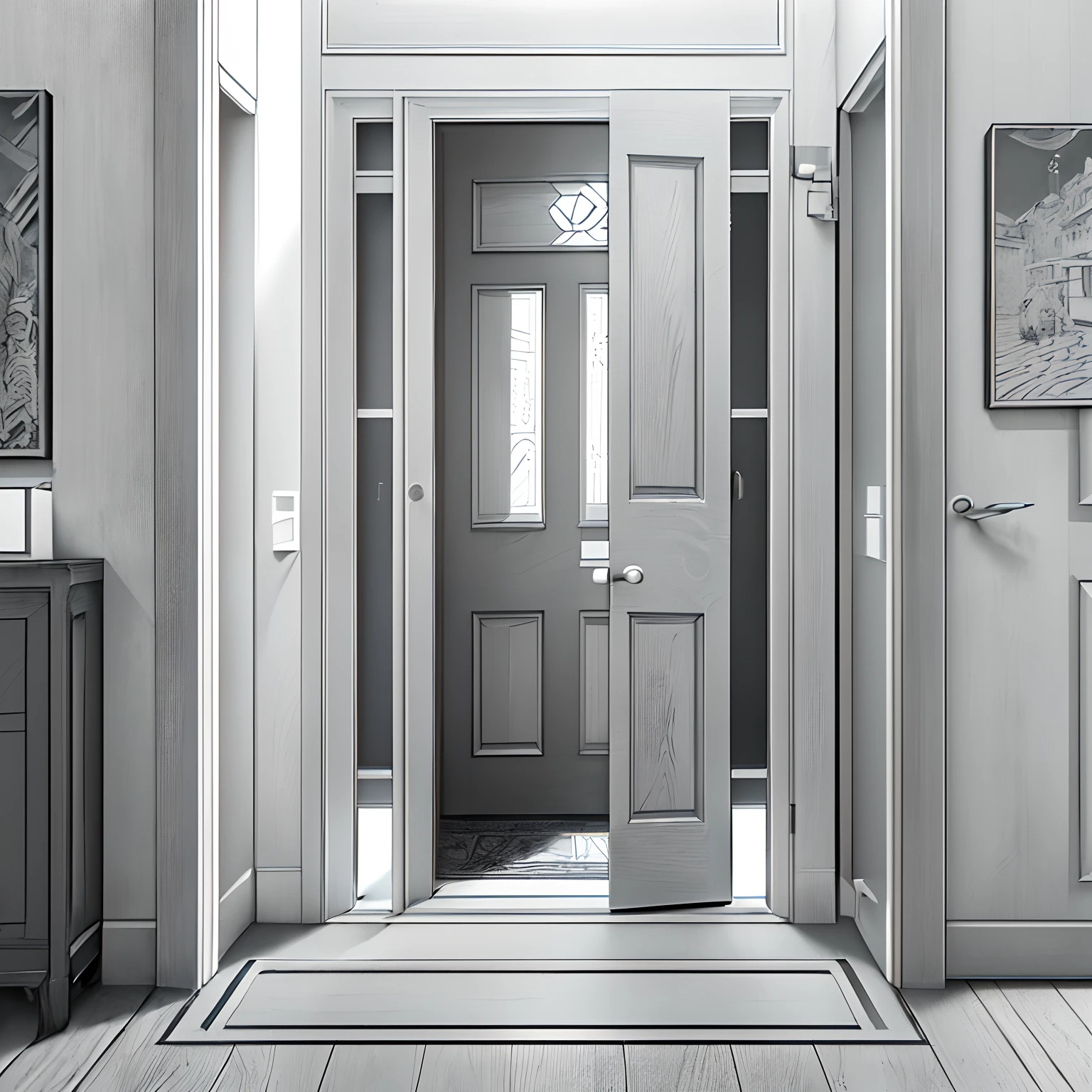 masterpiece、top-quality、High-quality images、8K、 ((unmanned、Background with、Precise perspective、line-drawing、Contour extraction、Monochrome grayscale、Moderate shading、Medium omission、Comic style、)):1.4 ((entranceway、door、Angle from the front))1.5