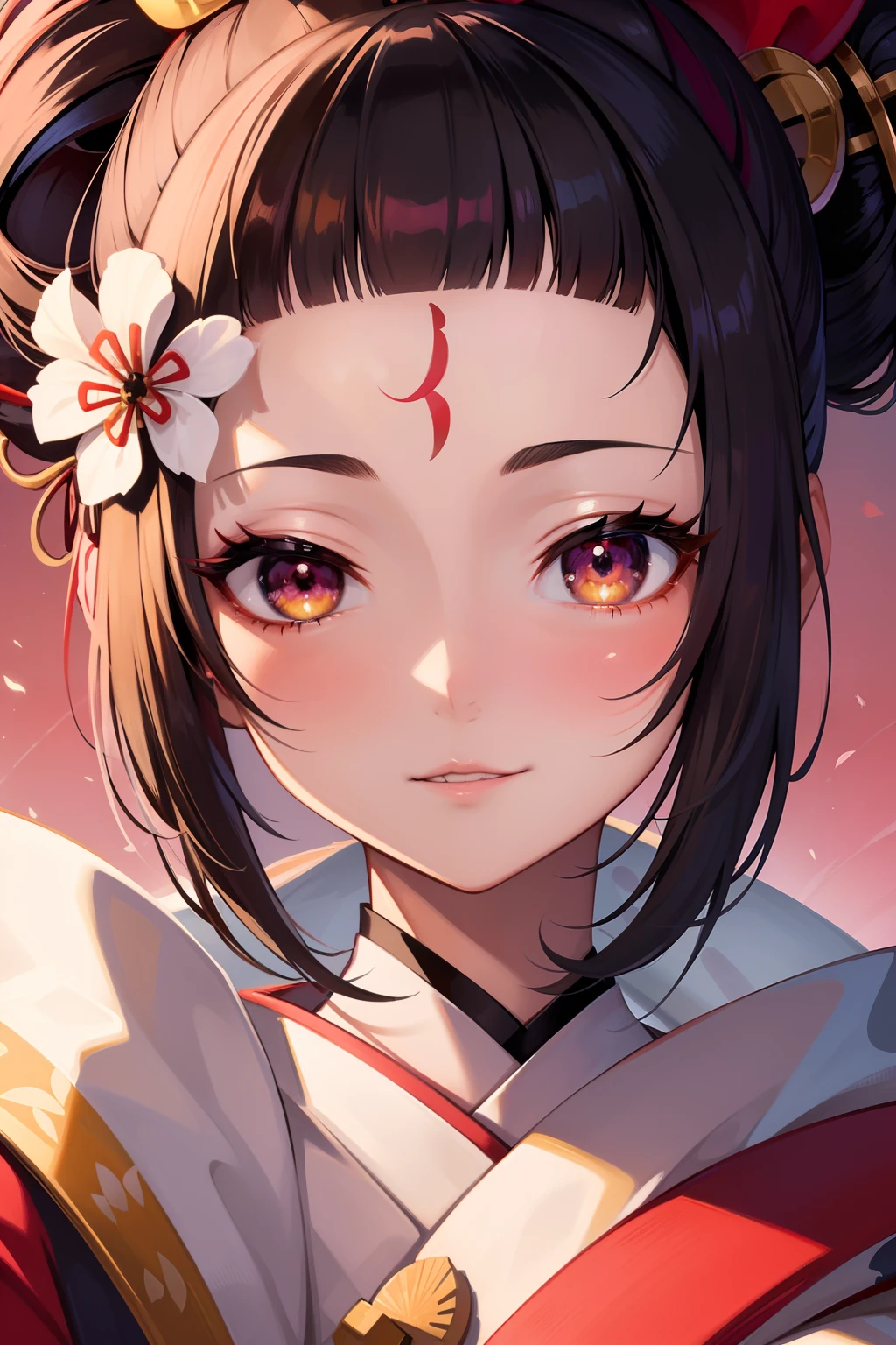Masterpiece, best quality, high quality, closeup, solo anime portrait, female, 1girl, Geisha wears a layer of white face powder, with a red or pink accent color applied to the lips and eyes. The eyes are emphasized with black or brown eyeliner and mascara, and the eyebrows are painted thinly and high on the forehead. The geisha's hairstyle is also an important part of their appearance, often consisting of elaborate updos adorned with hair ornaments such as combs, flowers, and hairpins. Geisha typically wear a kimono, which is a long, flowing garment made of silk or other high-quality fabrics. The kimono is often brightly colored with intricate patterns, and it is worn with an obi, which is a wide sash that is tied at the back. Geisha also wear zori, which are traditional Japanese sandals, and tabi, which are white socks, JRPG art, trending on caravaggio, intrinsicated and detailed smiling, looking at camera, cute face, face focus, highly-detailed, top lightning, trending on pixiv, HD digital, 32k, vibrant colors