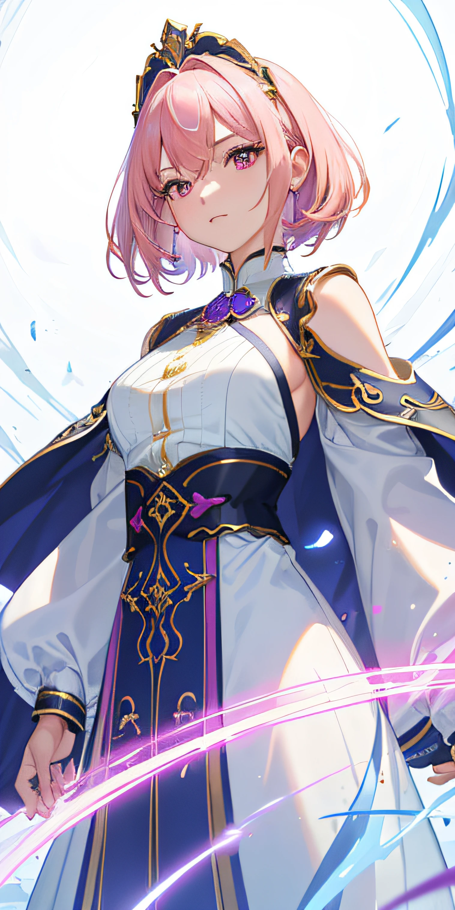 (Masterpiece, Best Quality, Ultra Detail, Best Shadow), (White Background), (Beautiful Detail Face), High Contrast, (Best Lighting, Extremely Delicate and Beautiful), (Cinematic Light)), Bright Colors, Hyperdetail, Intricate Detail, Standing Painting (1 Girl, Solo, Front, Pink Hair, Sharp Face, Short Hair, Fluorescent Long Coat (Broken Glass), Workwear Costume, Red Eyes, Hair Between Eyes), Shimmer Swirling Around Character, Purple Light Particles, Magic Circle,
