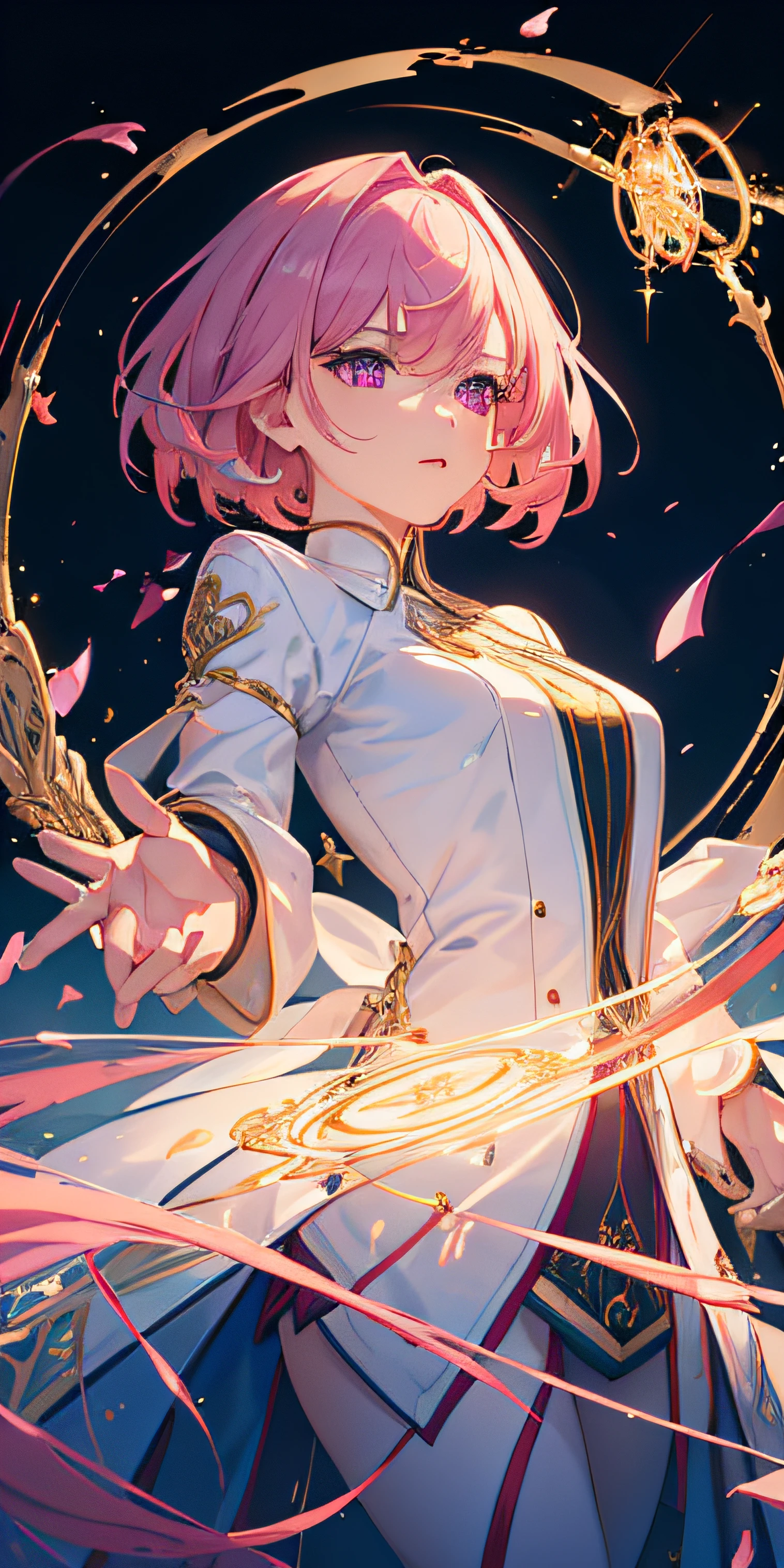 (Masterpiece, Best Quality, Ultra Detail, Best Shadow), (White Background), (Beautiful Detail Face), High Contrast, (Best Lighting, Extremely Delicate and Beautiful), (Cinematic Light)), Bright Colors, Hyperdetail, Intricate Detail, Standing Painting (1 Girl, Solo, Front, Pink Hair, Sharp Face, Short Hair, Fluorescent Long Coat (Broken Glass), Workwear Costume, Red Eyes, Hair Between Eyes), Shimmer Swirling Around Character, Purple Light Particles, Magic Circle,