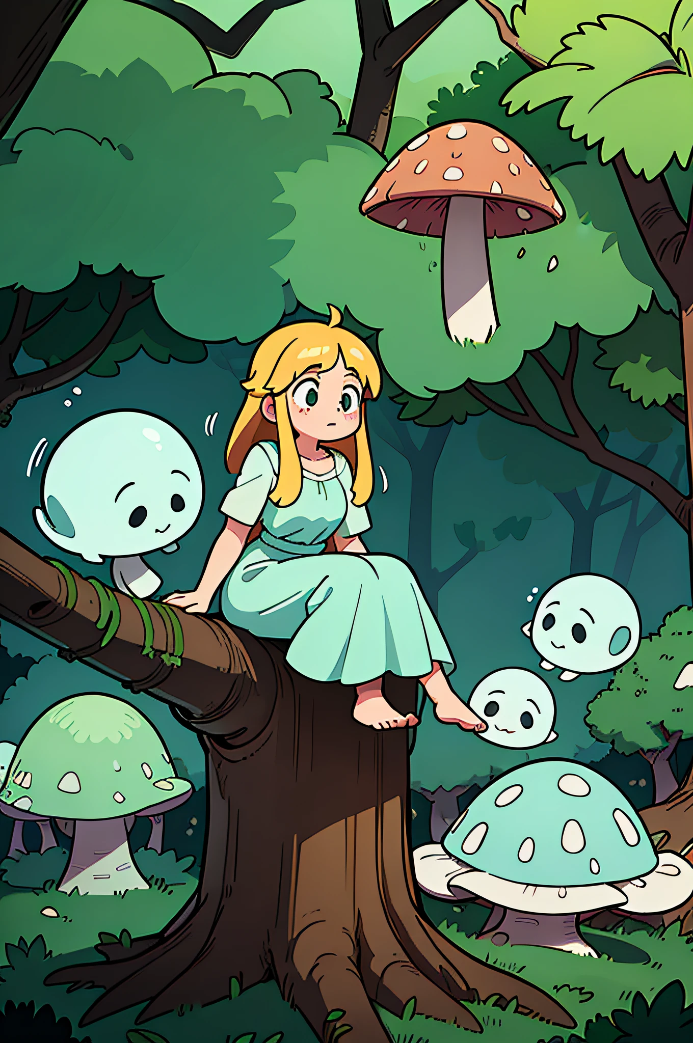 A young, innocent girl with rosy cheeks stands amidst an enchanting forest. The dense foliage and misty air create an eerie atmosphere that allows glimpses of ethereal ghosts drifting through the trees. Serenely, she perches on a weathered tree stump placed at the center of a perfect circle formed by ancient stones and vibrant mushrooms, evoking an otherworldly presence.