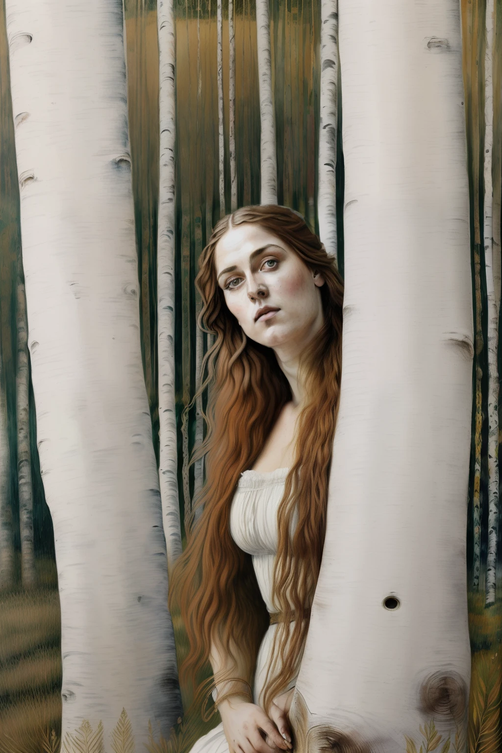 (((Painting of Pre-Raphaelite woman made of white birch trunk, tree-woman, cabelo de folhas amarelas, Mata dos Vidoeiros, tonalidade outonal. Eye and eyebrows on birch trunk, "eyes and eyebrows on birch trunk")))