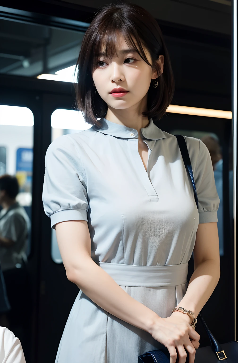 ((8K)、top-quality、masterpiece、超A high resolution:1.2)Photo Beautiful Japan woman(pleasing:1.1) Elegance、There is a good、Gradient lighting、1girl in、Delicate skin、Look into the distance、Brown-eyed、(short hair with bangs:1.2)、(Medium chest:1.0)、(medium areola:0.8)、(realisitic:1.4)、(top-quality:1.0)、(超A high resolution:1.0)、8K、Raw photography、(masterpiece:0.2)、(pureerosface_v1:0.5)、Contrast Trim Polo Neck Bodycon Dress、Onepiece、Polo shirt style dresses、Super Mini Length、the skirt is short、Cotton clothes、Mini dress、collared dress、shortsleeves、The clothes are dark blue and the collar is white、Tight silhouette、Super mini skirt length、Ralph lauren、want me、Take your eyes off、JR Yamanote Line at night、on train、by the window、erect through、total darkness、subject、Lean、Look here、tote bags、deep in the night、