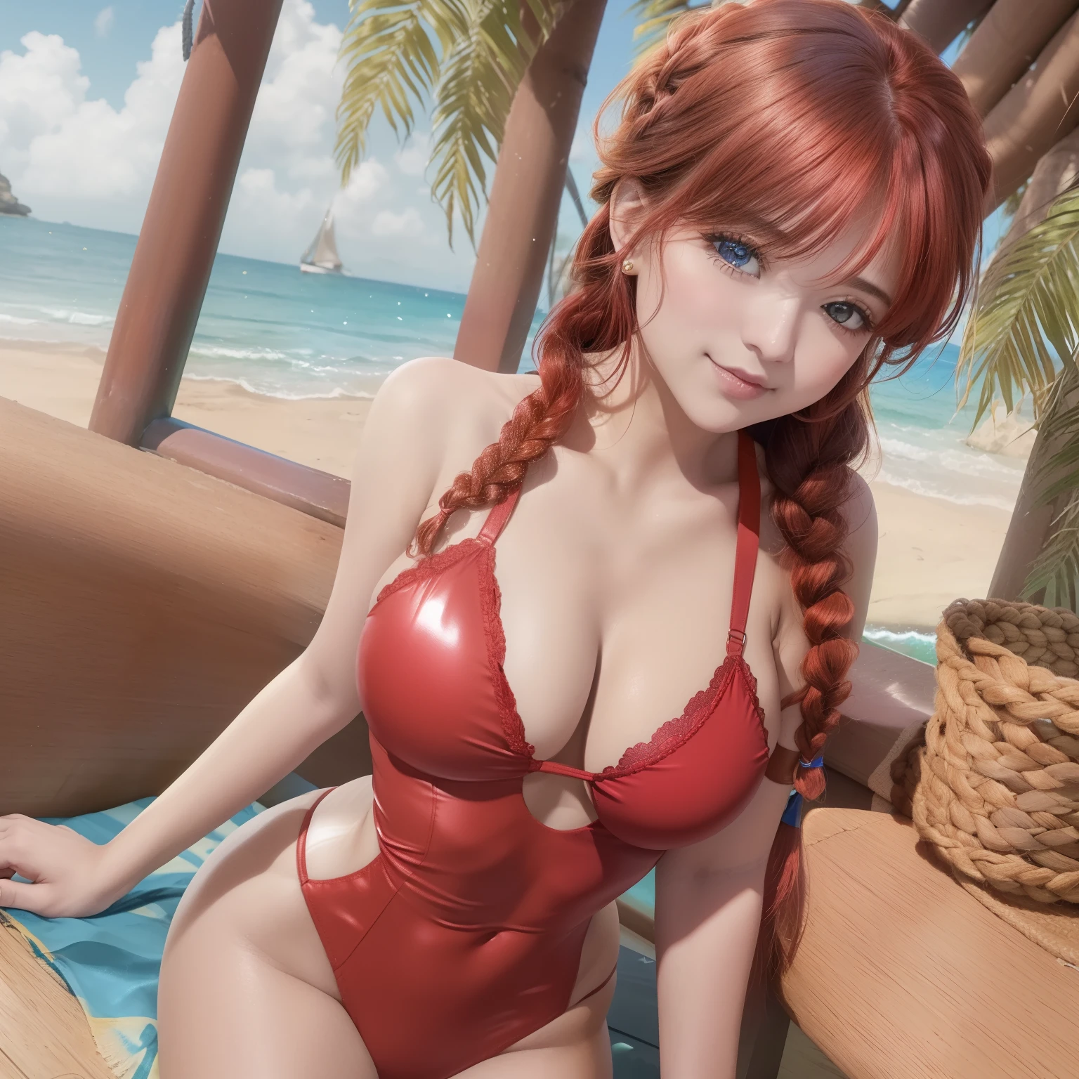 A closeup of a woman in a red latex swimsuit ((Seios grandes,  de 16 ano(15)) Luz do Sol, Mar, (Corpo Perfeito: 1.1), (Jovem), (Red hair long braid: 1.2), (Crimson red swimsuit), (Papel de Parede CG8k Altamente Detalhado), (Muito Delicado e Belo), (Obra-Prima), (Melhor Qualidade: 1.0), (ultra high def: 1.0), beautiful lighting, perfect lighting, Sombras Realistas, [alta resolução], Pele Detalhada, Ultra Detalhada, (beautiful hair braid), belos seios, blush, fotorrealista, olhos grandes azul, sorrindo (colorido))) (decote))), (delineador), (mascara), ((cabelo vermelho ruivo)) ((corpo perfeito)) ((coxas bonitas)), ((coxas espalhadas)), labios rosados pequenos e bonitos, garota sexy, roupa muito sexy, Oppai, trending at cgstation, Ranma Chan