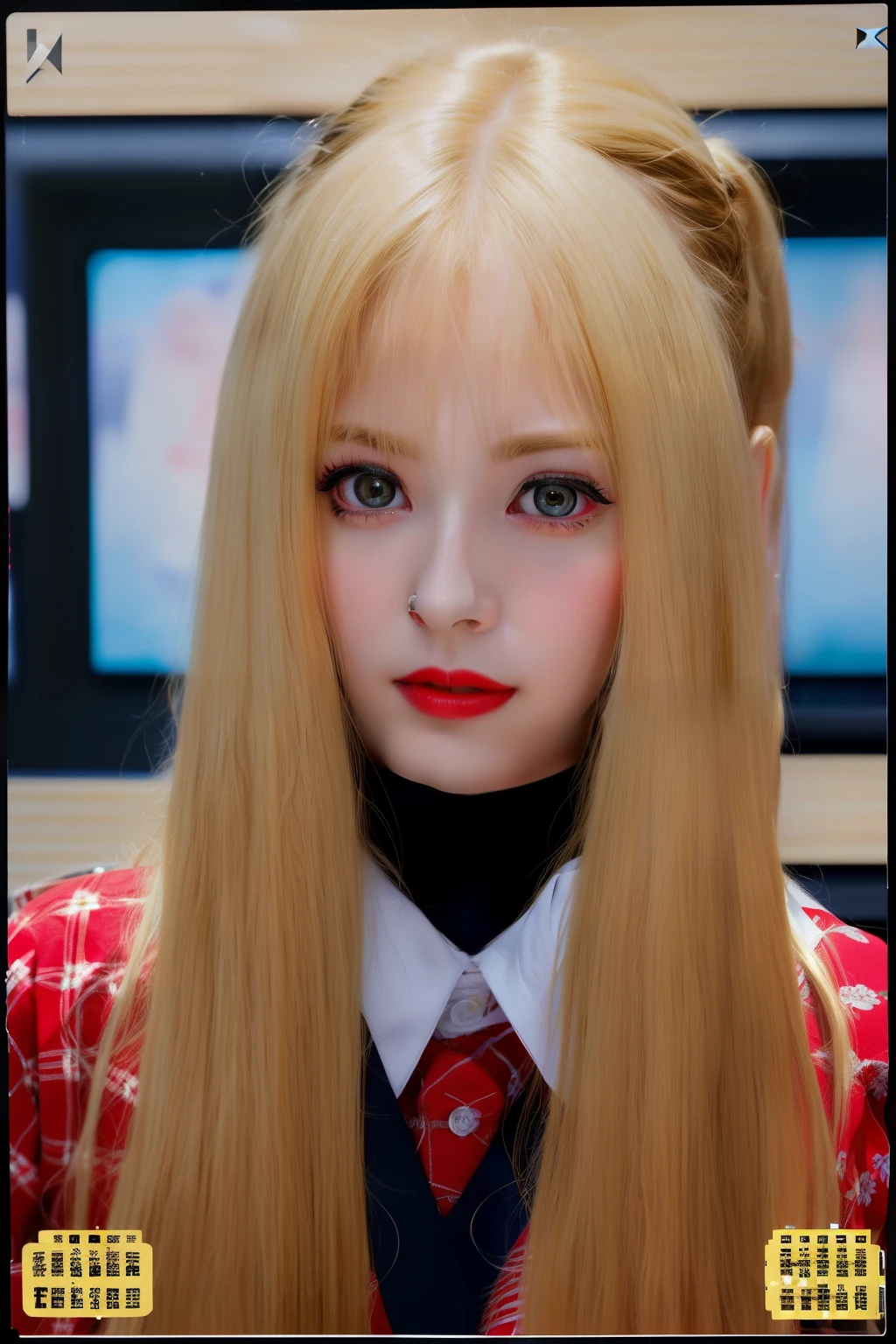 (8k, 4k, best quality, highres, ultra high res:1.1), (masterpiece, realistic, photo-realistic:1.1), 1girl, face, close-up, twintails, blonde hair, black eyes, red lips, (looking at viewer:2), absurdly long hair, long eyelashes, eyeshadow, small face, big eyes,
bare shoulders,
high contrast,