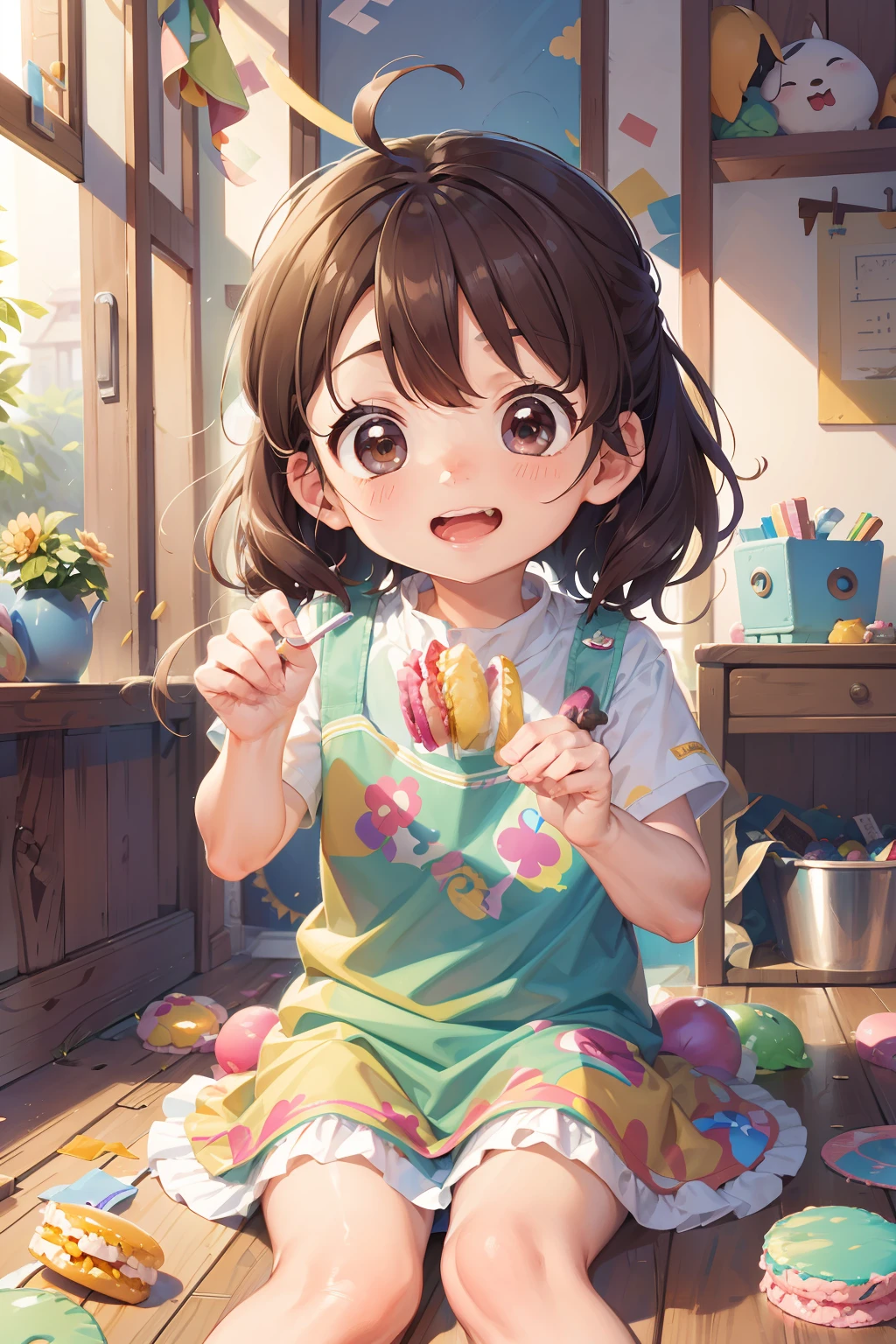 「I have two girls。There is a large bowl of colorful sweets.、Laid on the table.、A 4-year-old girl sits down and nibbles on a chocolate cookie。one fang、6-year-old sister happily eating colorful macarons.、Bonbon chocolate and gummies are spread on the table.。Sunlight coming in through the window of the room、Their hair and sweets shine。」
