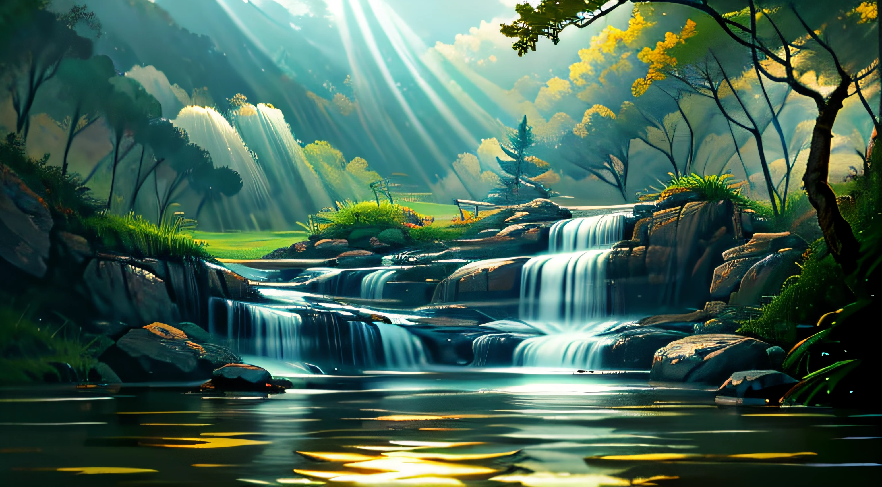 Chinese ancient times, spring, jungle, lake, cave, waterfall, tree, meadow, rock, deer, hot spring, water vapor, (illustration: 1.0), epic composition, realistic lighting, HD details, masterpiece, best quality, (very detailed CG unified 8k wallpaper) --v 6